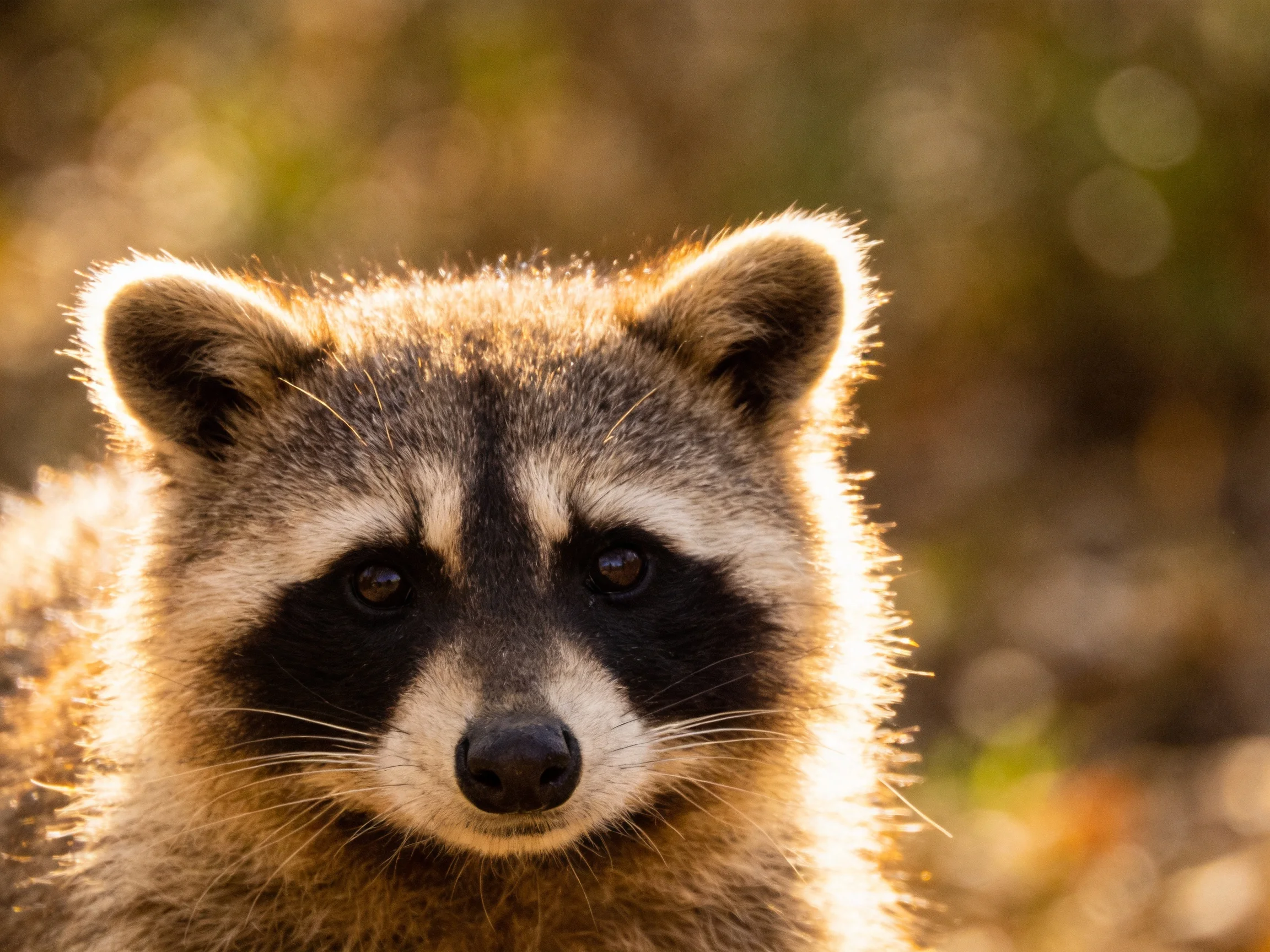 Close-up portrait of a raccoon with brown, gray, and black fur