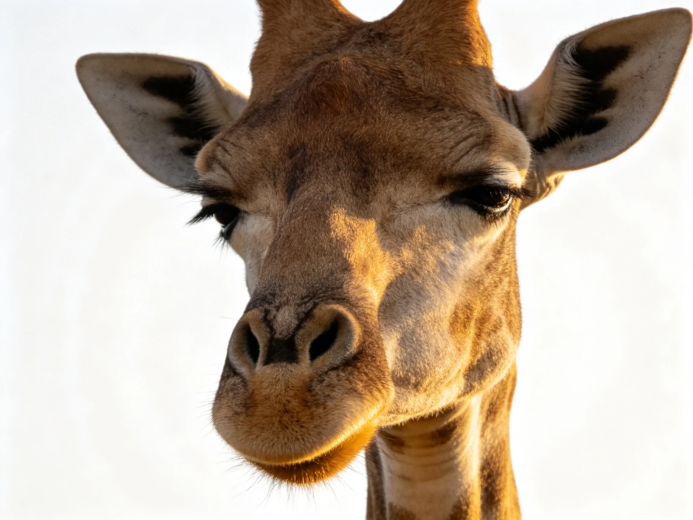 A close-up view of a tan-patterned giraffe showcases its facial features.