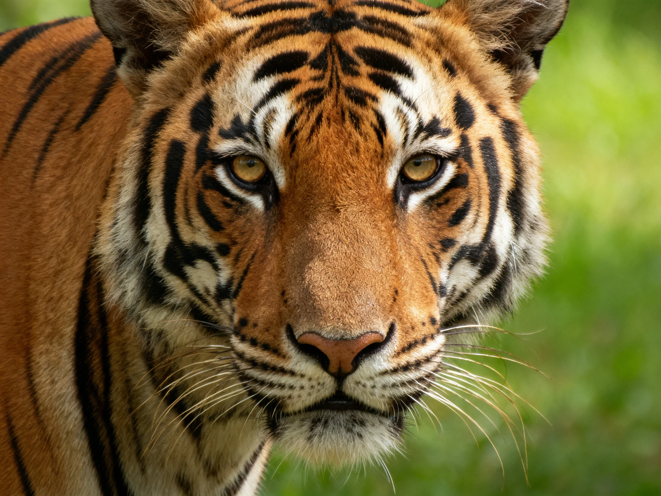 A close-up portrait of a tiger with prominent black stripes.