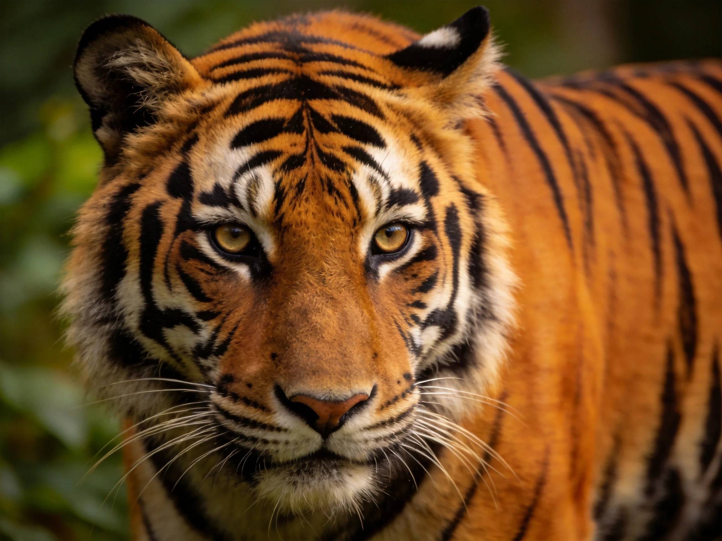 Close - up portrait of an orange tiger with bold black stripes