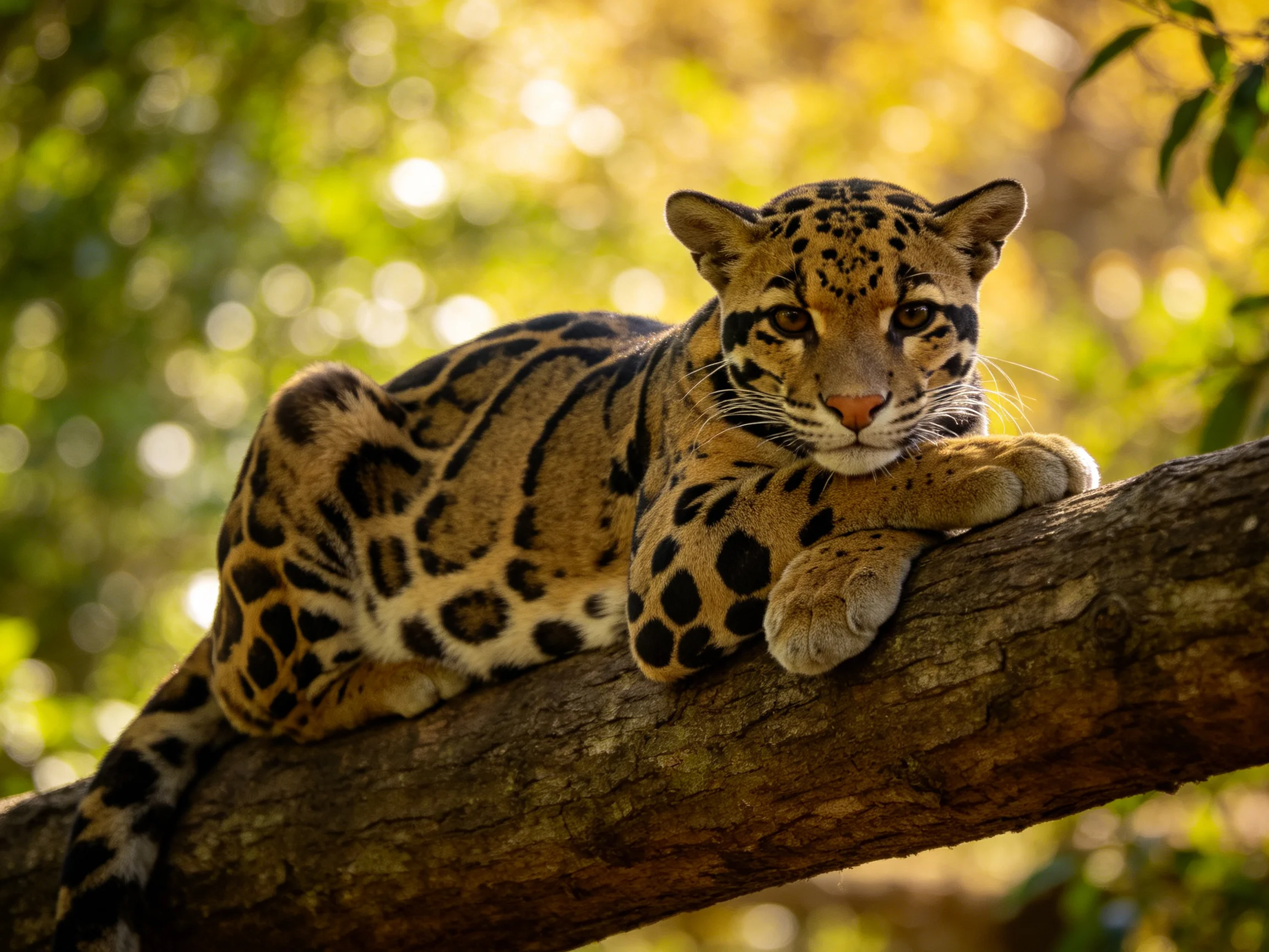 Clouded leopard resting on thick brown tree branch amid green foliage