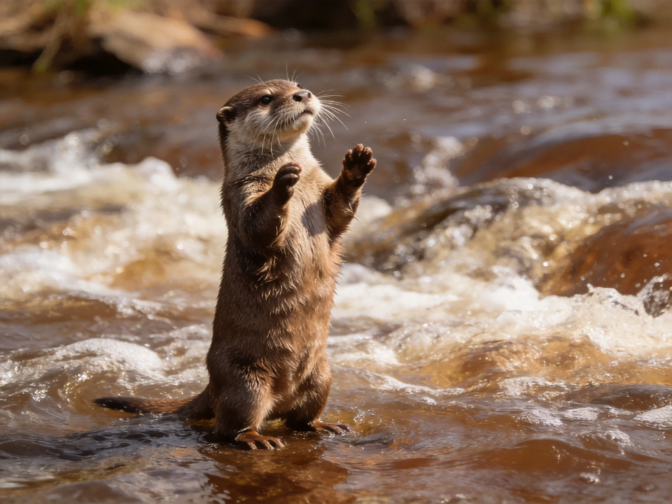 Curious otter stands upright in rushing brown river rapids