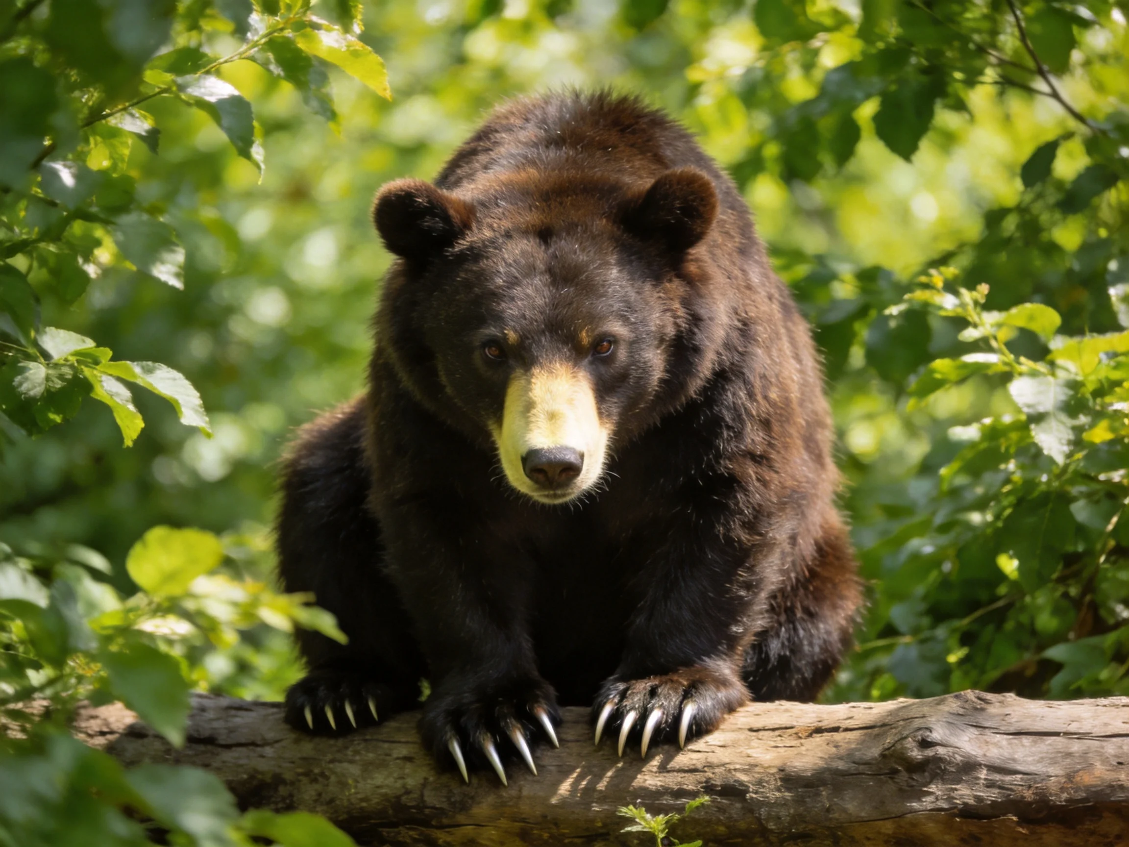 Dark brown bear resting on weathered log amid lush greenery