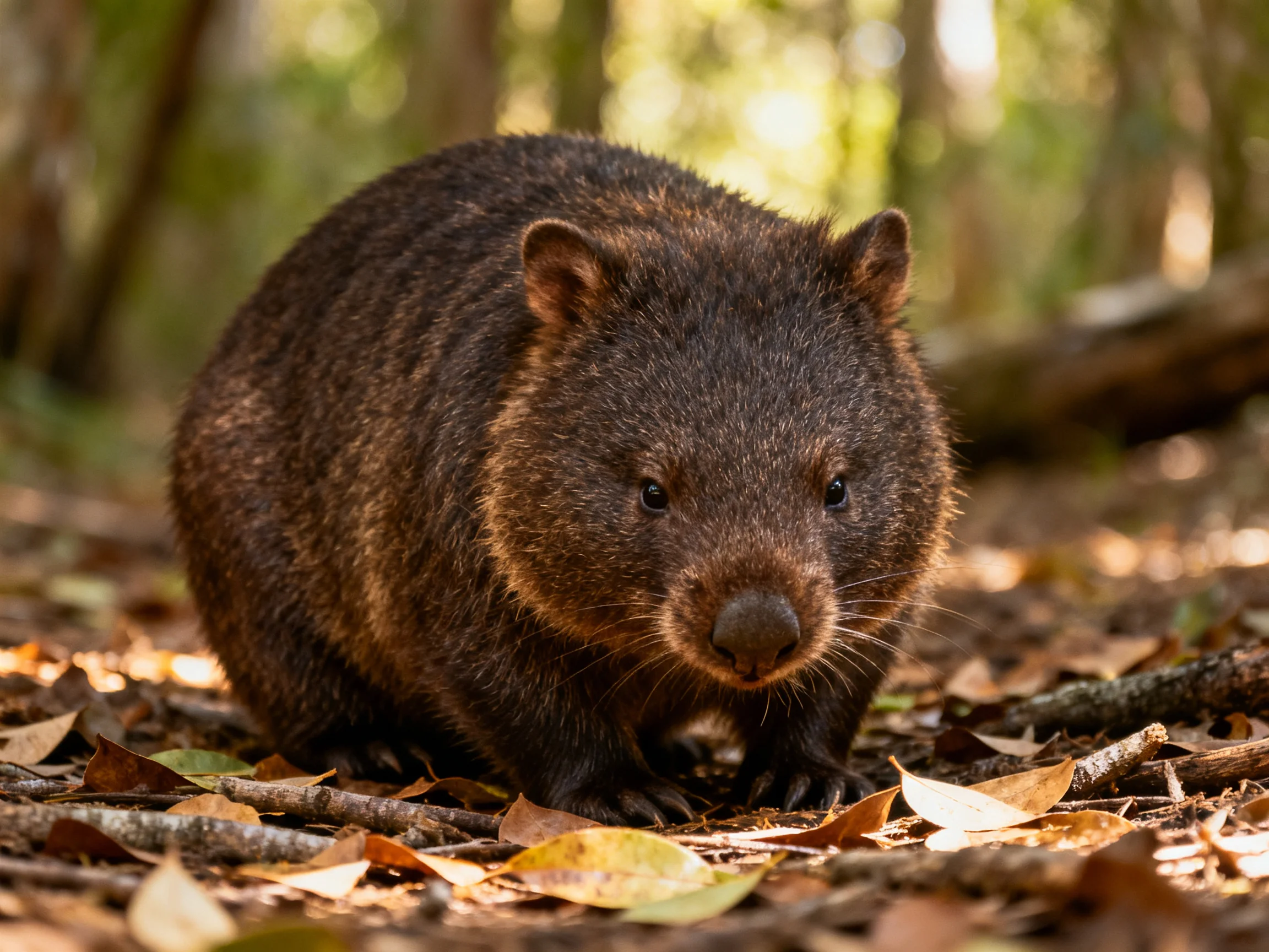 Dark brown wombat among fallen leaves in sunlit forest