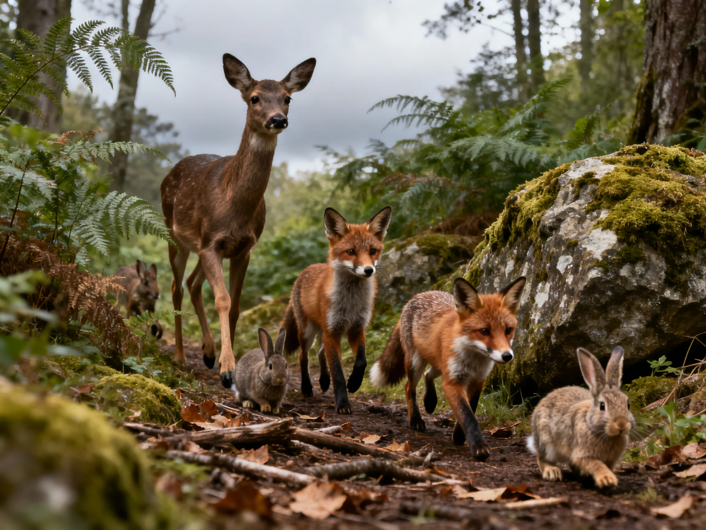 Woodland creatures such as a deer, foxes, and rabbits move together along a forest path.