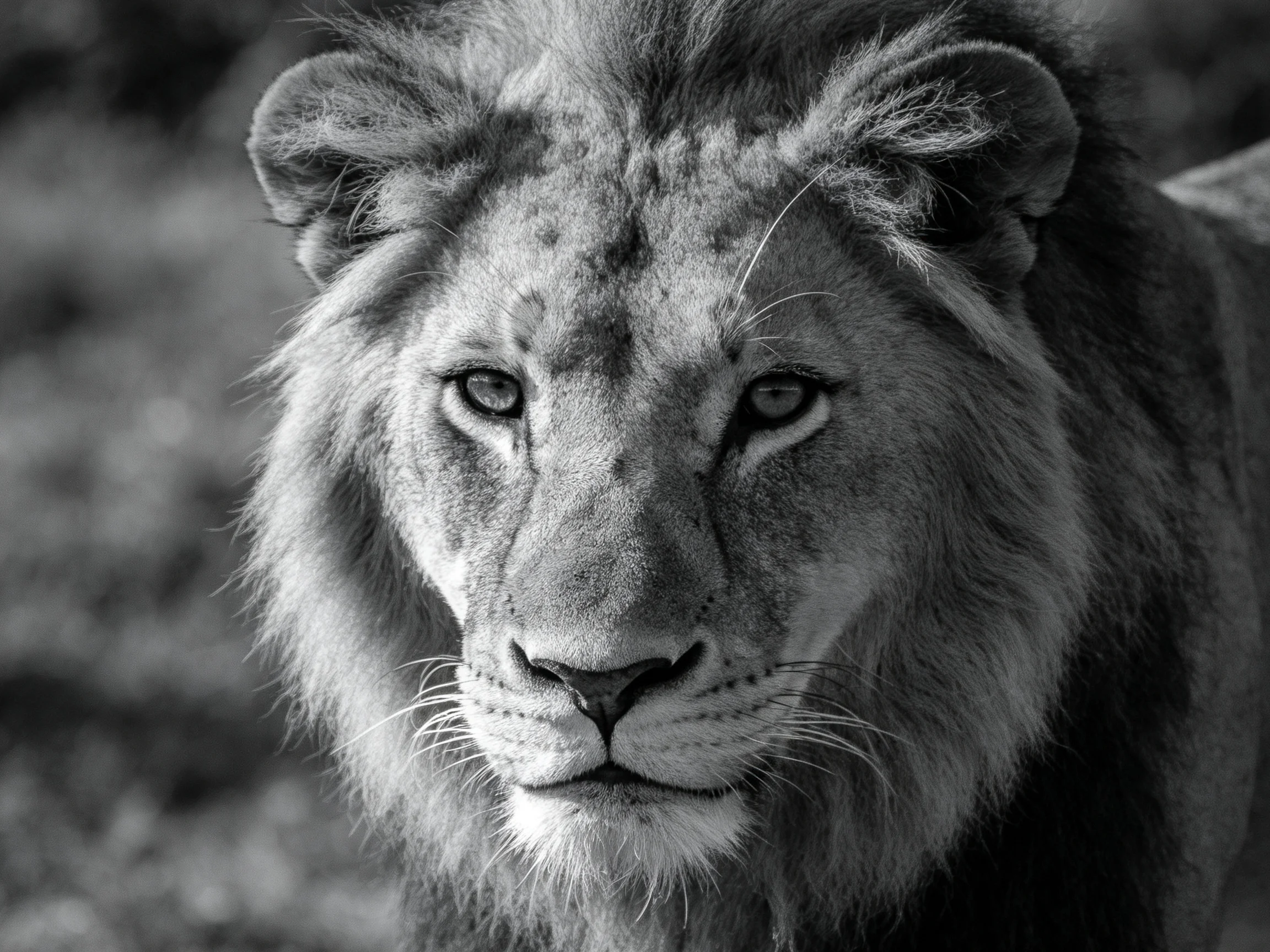 Detailed black and white portrait of a lions face