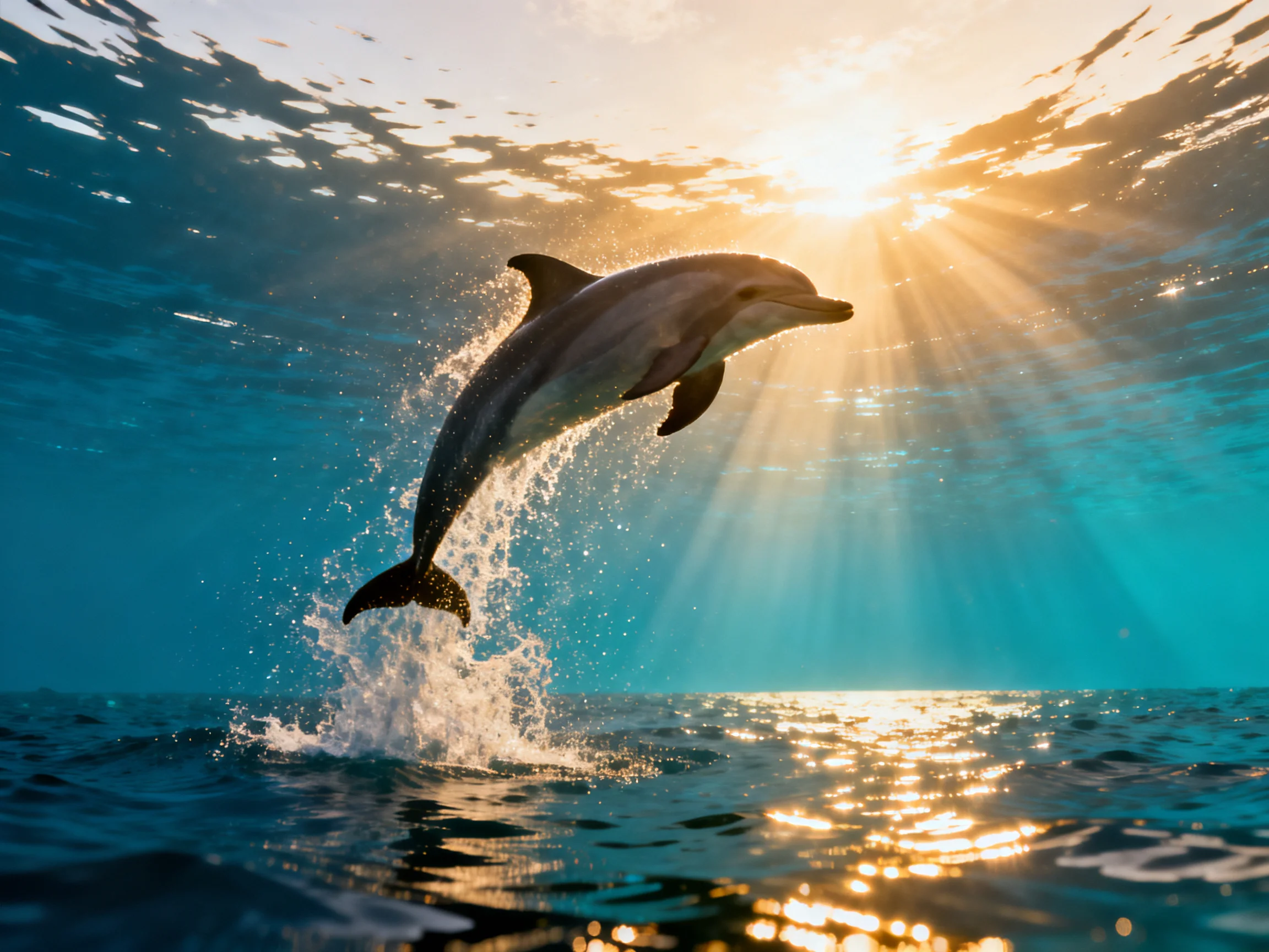 Dolphin leaps from turquoise ocean under golden sun rays