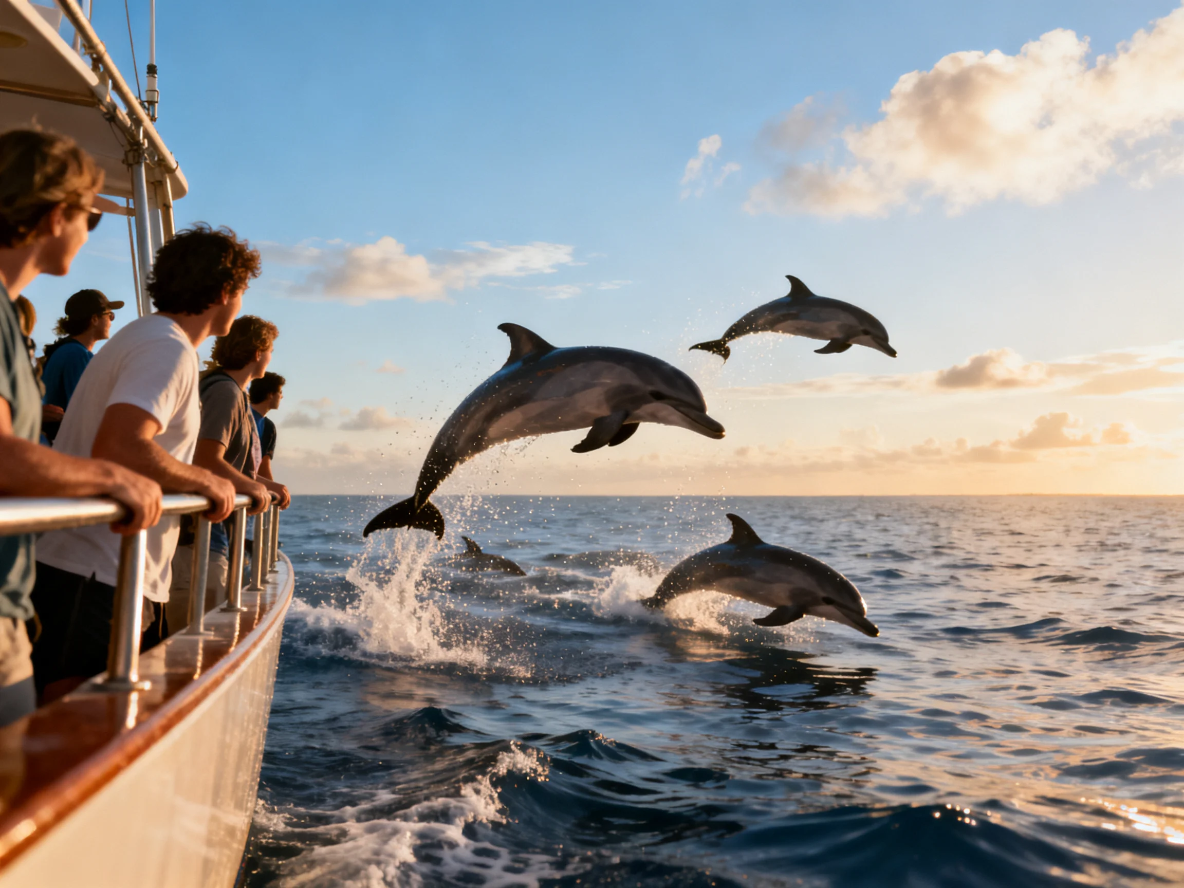 Dolphins leaping near a boat with spectators at sunset