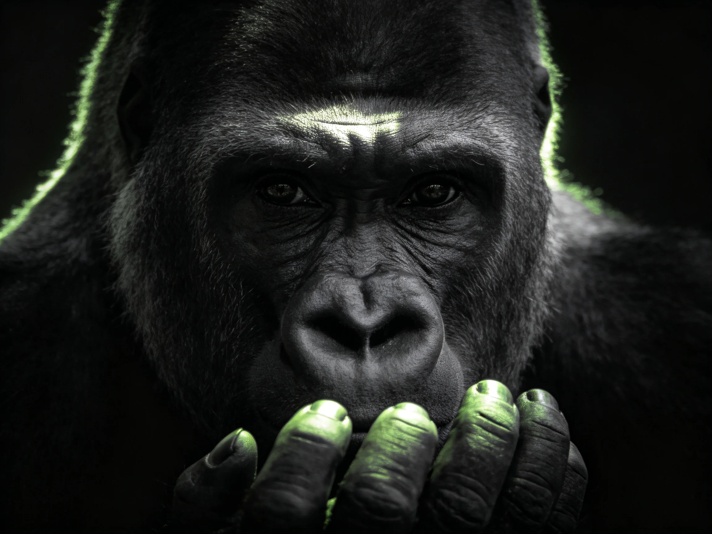 A close-up of a gorilla with dramatic lighting shows its thoughtful expression.