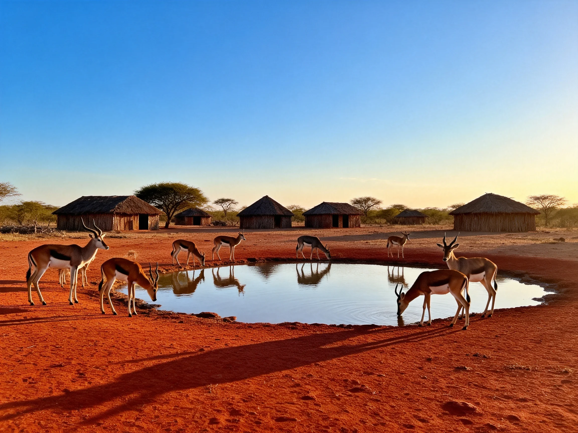 Eight antelopes gather at a circular water hole near wooden huts