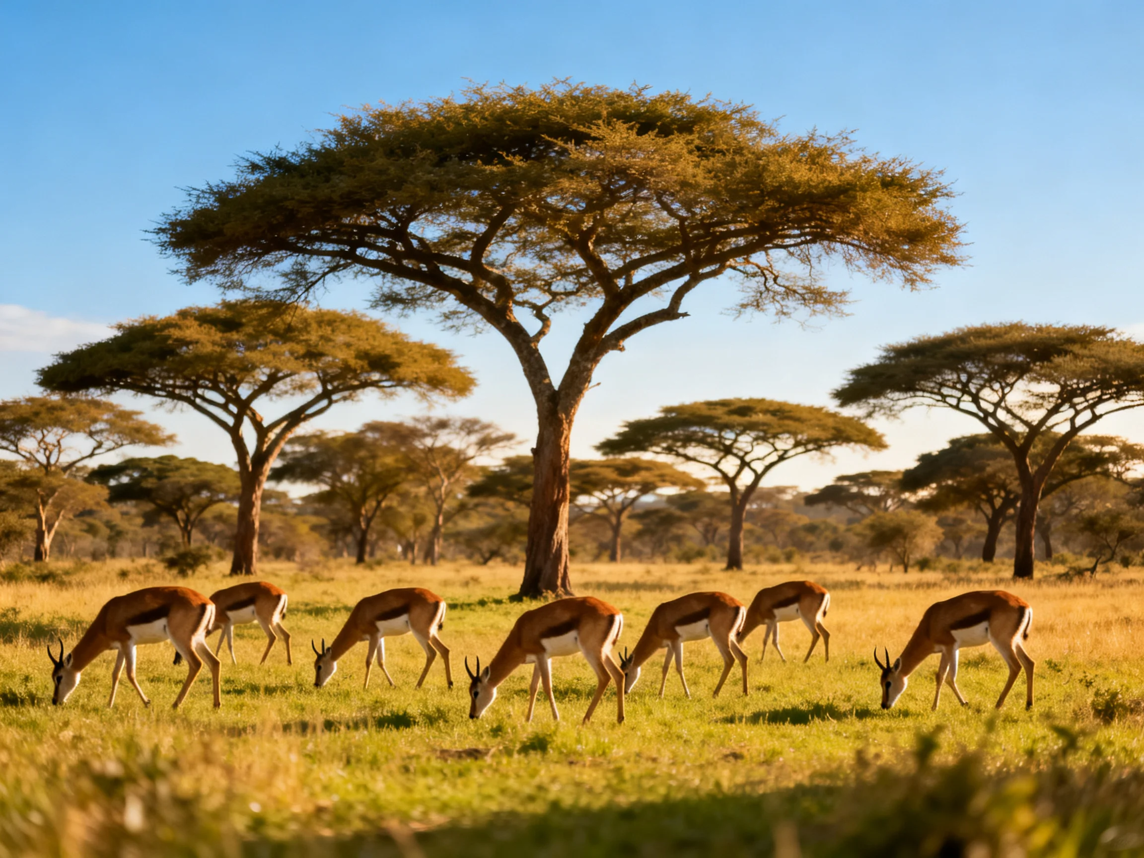 Eight antelopes graze near acacia trees in golden savannah