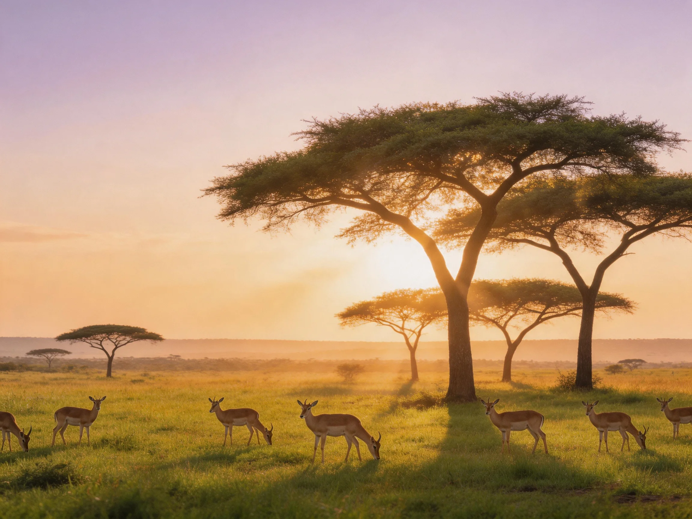 Antelopes graze in a sunlit savannah with acacia trees at sunrise.