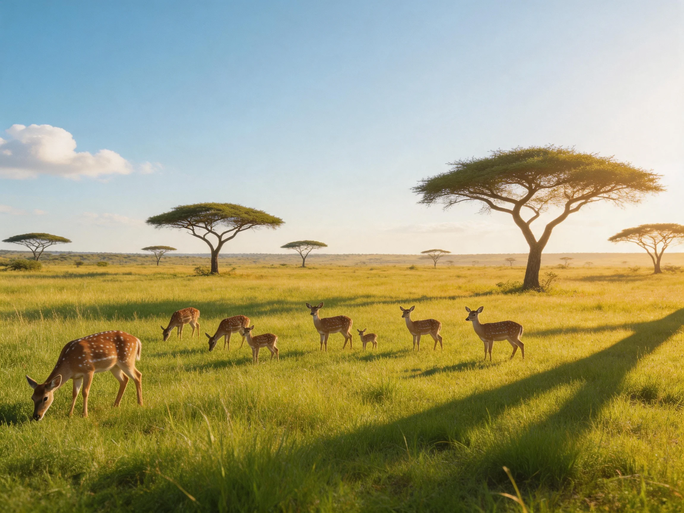 A herd of deer roams a sunlit savannah with scattered acacia trees.