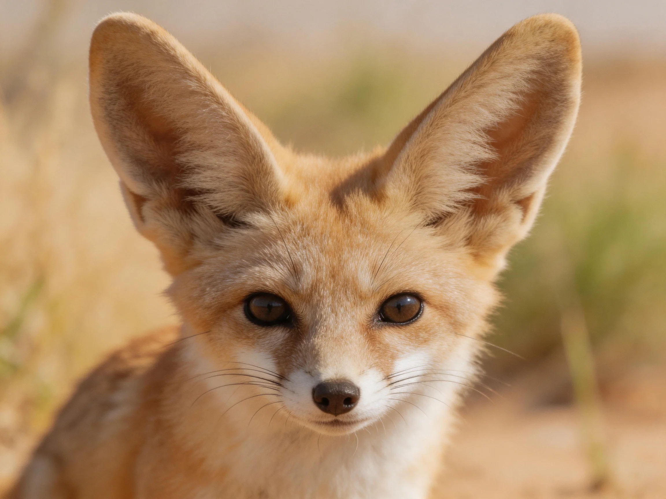 Fennec fox with large tan ears in desert landscape