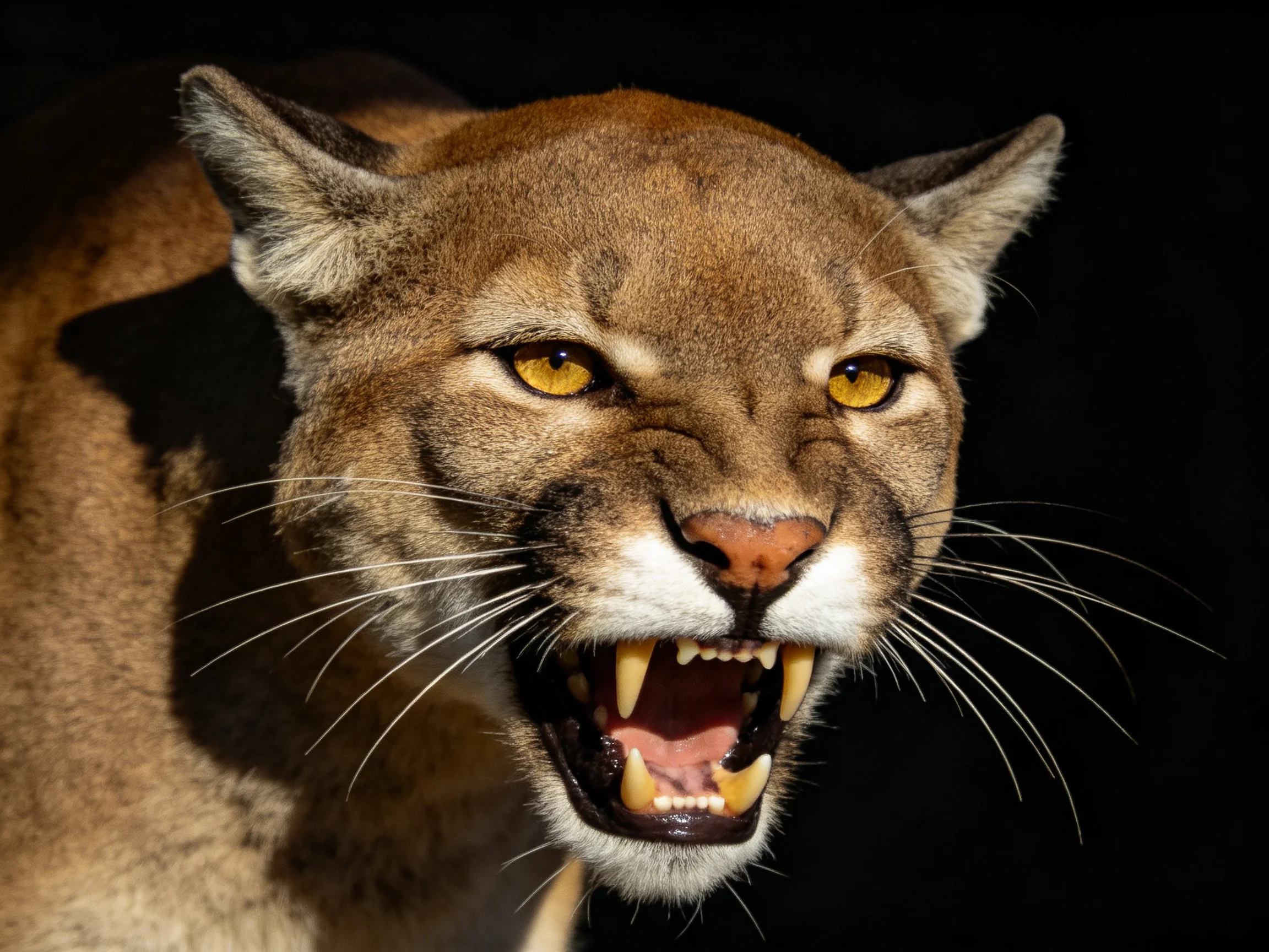 Fierce mountain lion with sharp fangs and golden eyes