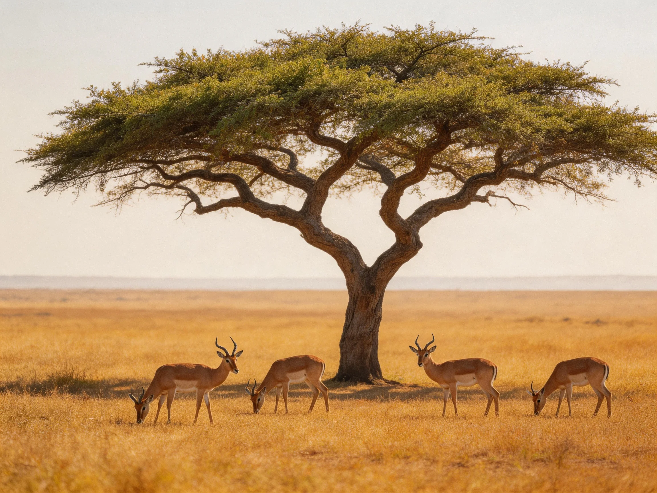 Five antelopes feed in golden savannah beneath a large acacia tree.
