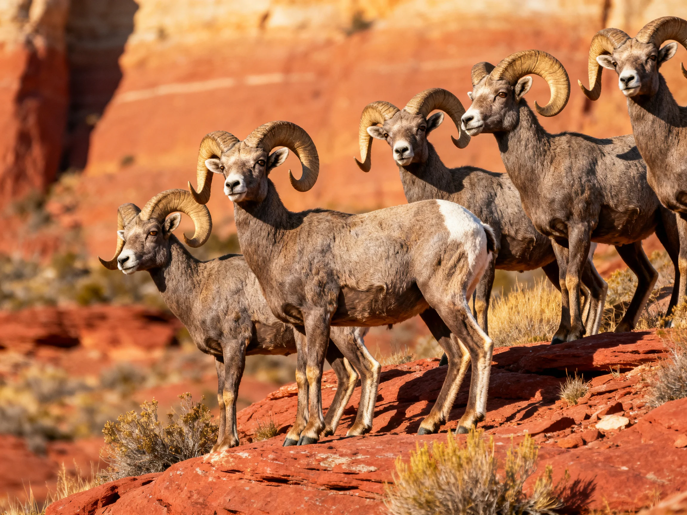 Five bighorn rams gather on rocky terrain in a sunlit desert canyon.