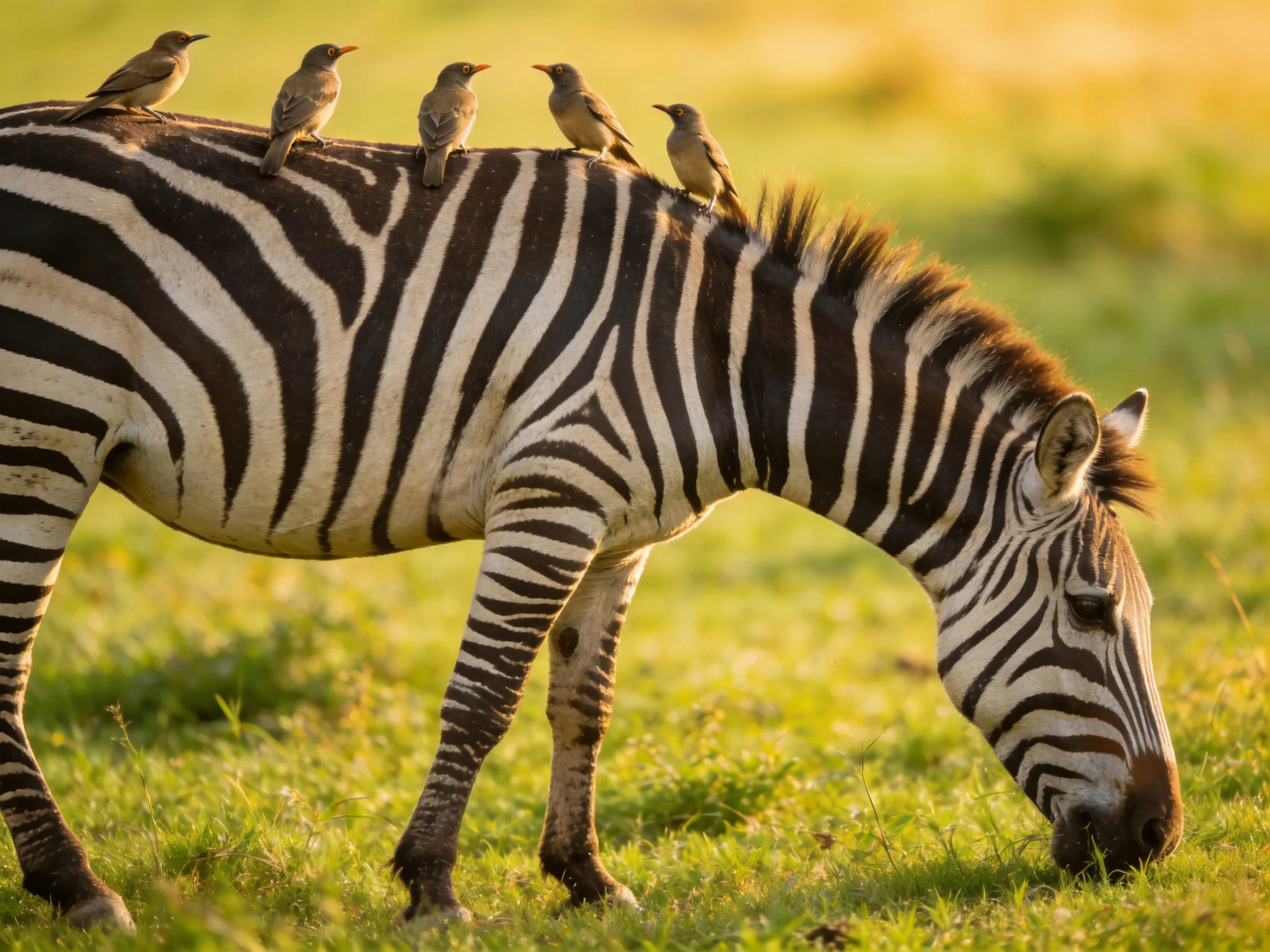Five birds perch on a striped zebra grazing in golden light