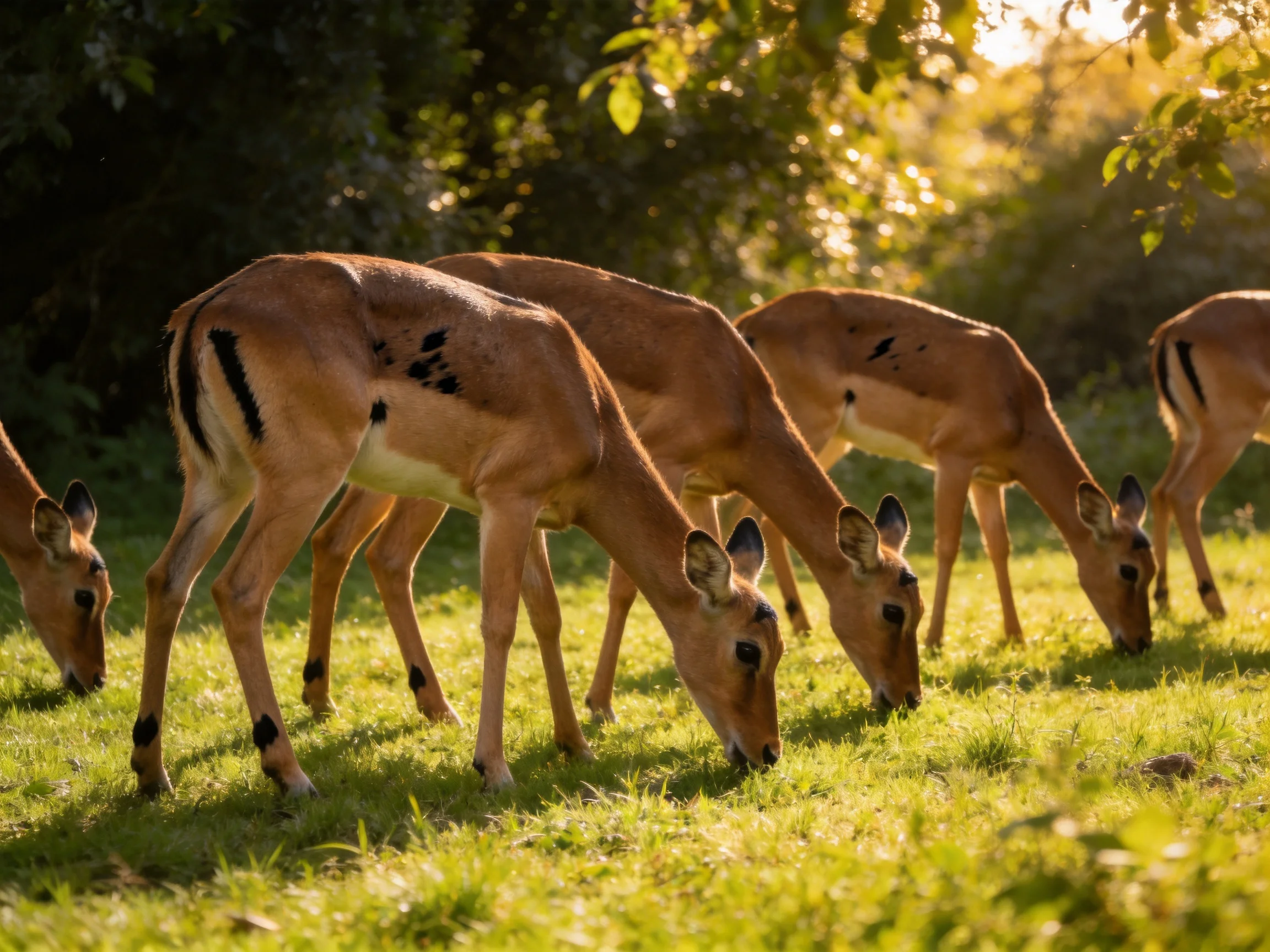 Five brown antelopes graze in lush green grass under golden sunlight