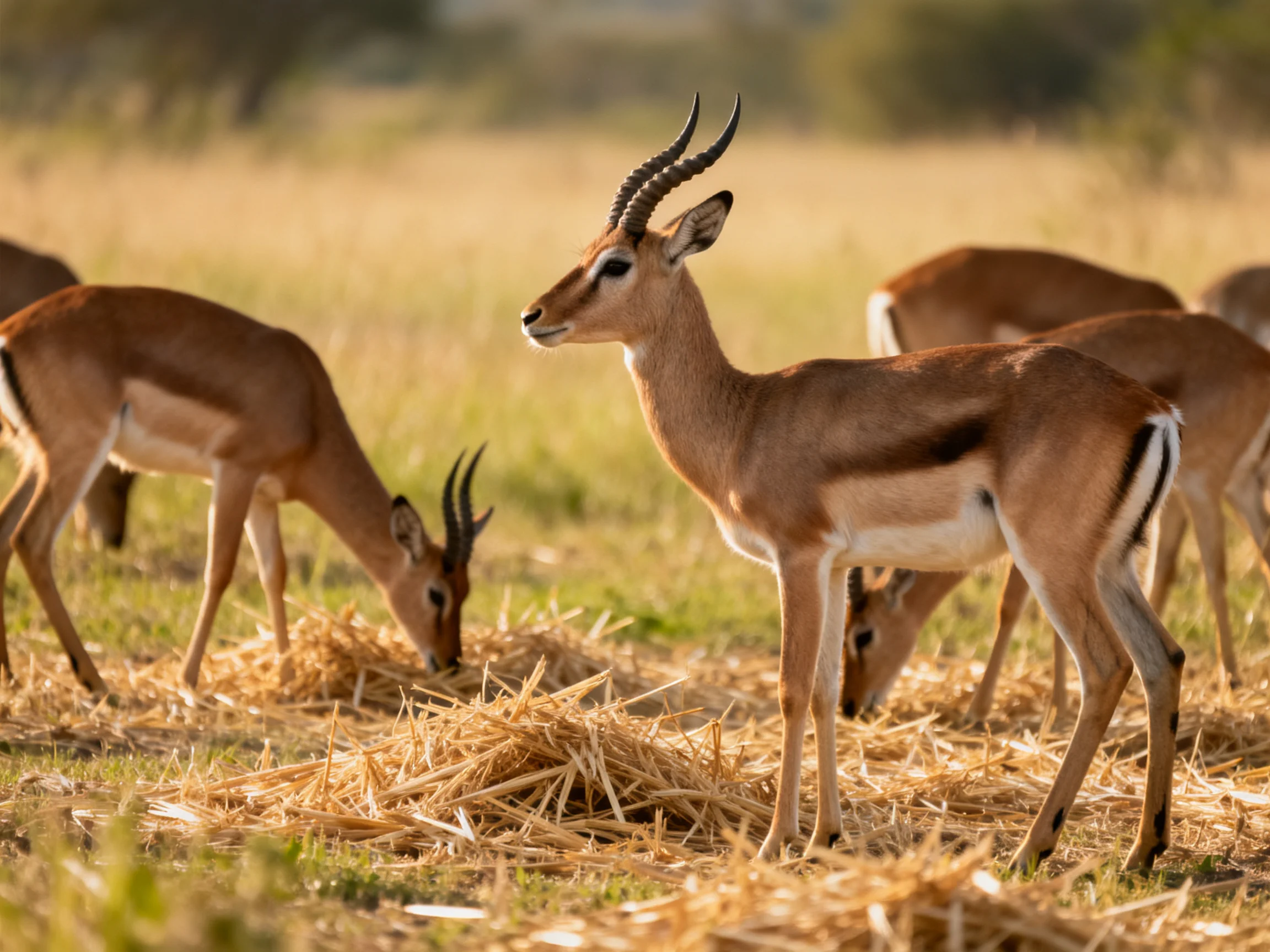 Five brown antelopes graze near golden hay piles in a sunlit savannah