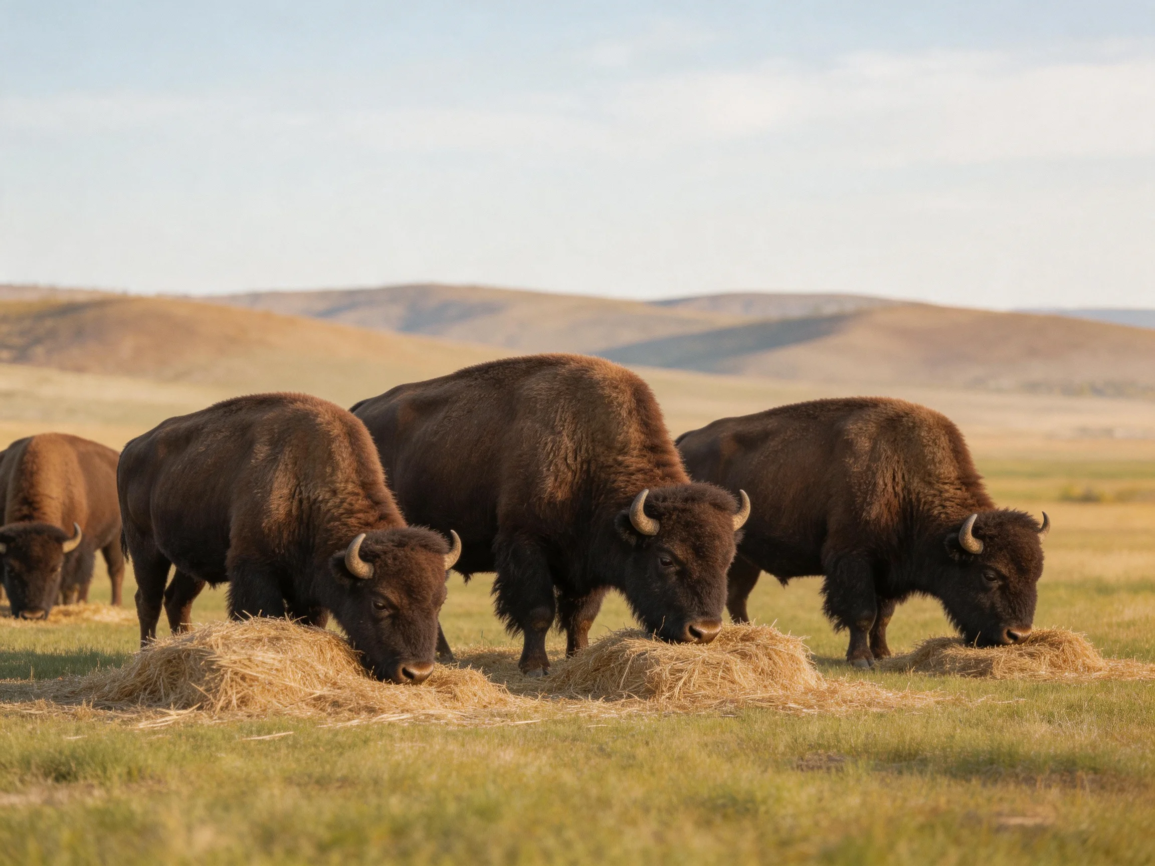 Five brown bison feeding on hay piles in an open grassland