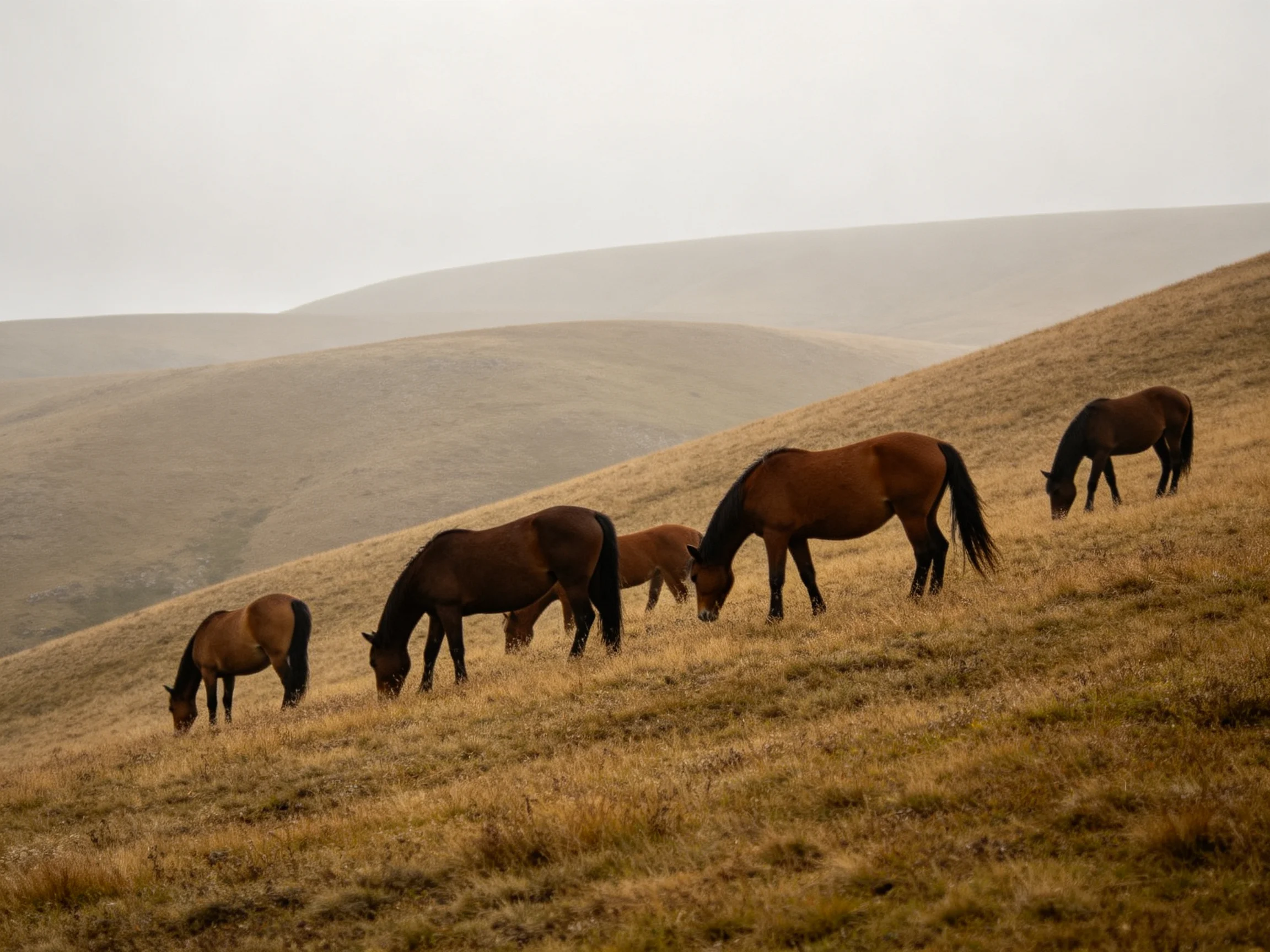 Five horses graze on a sloped, grassy hillside
