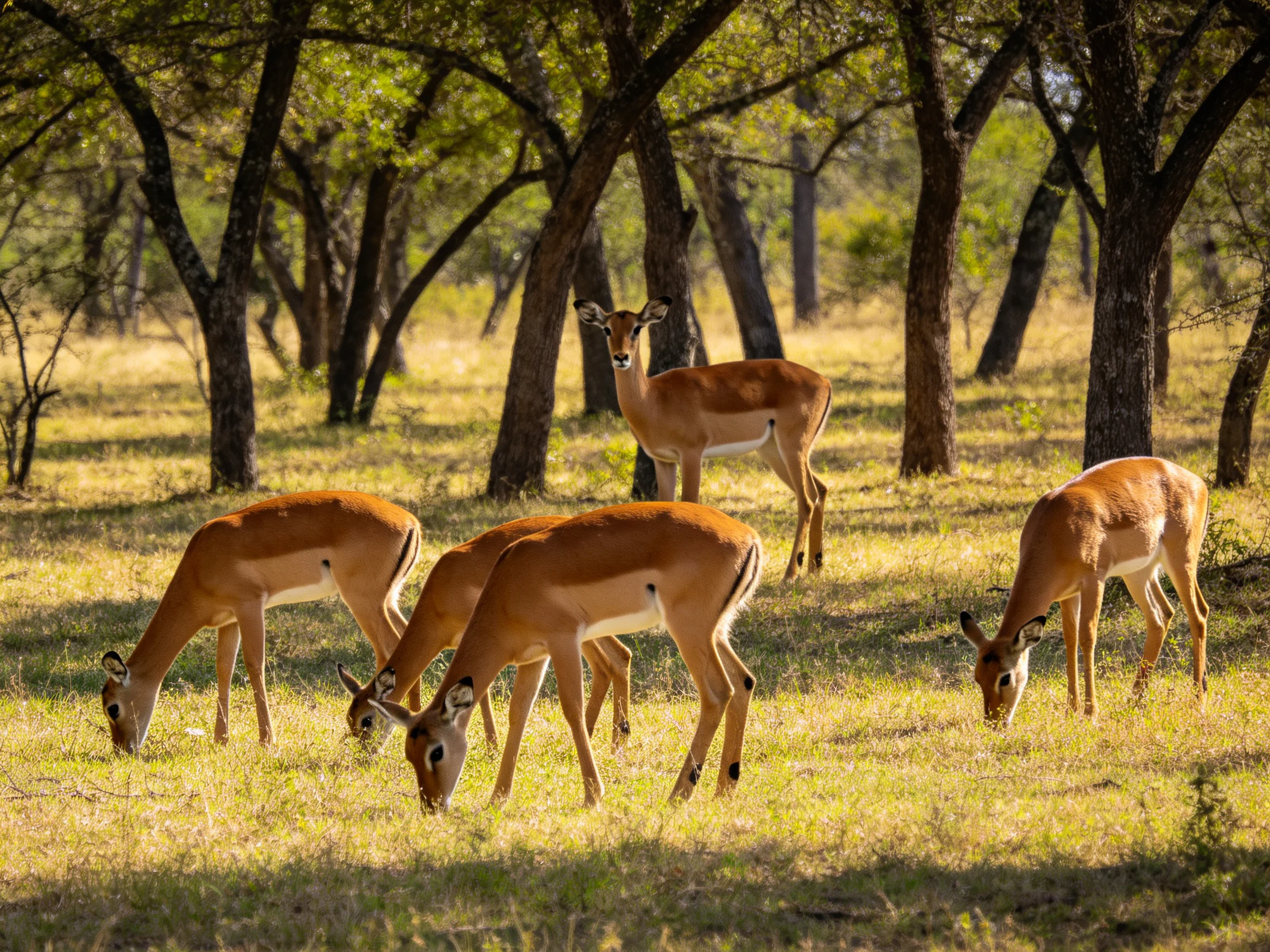 Five brown impalas graze near tall, dark trees in golden grass