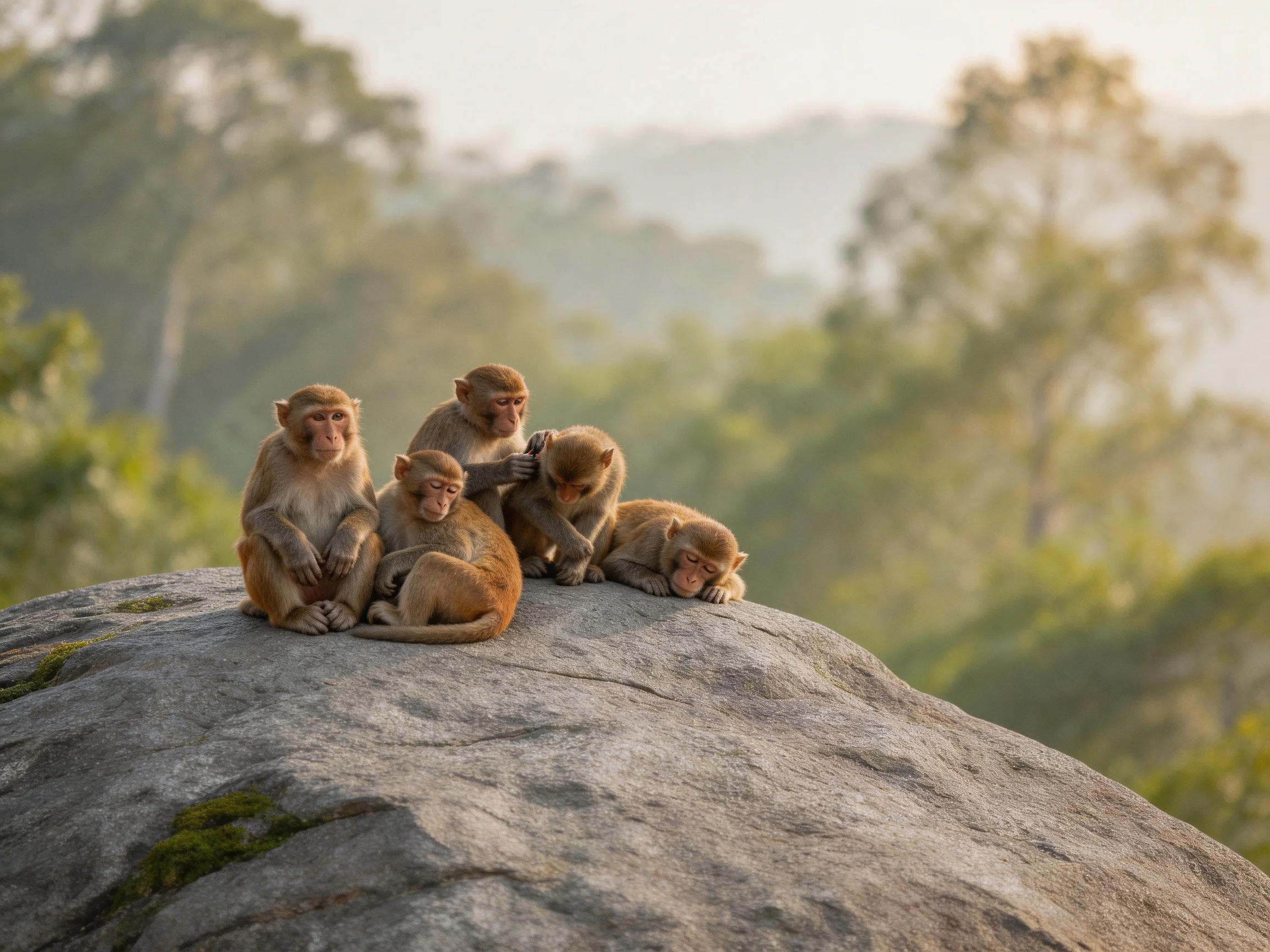 Five brown monkeys rest together on a mossy gray rock amid green trees
