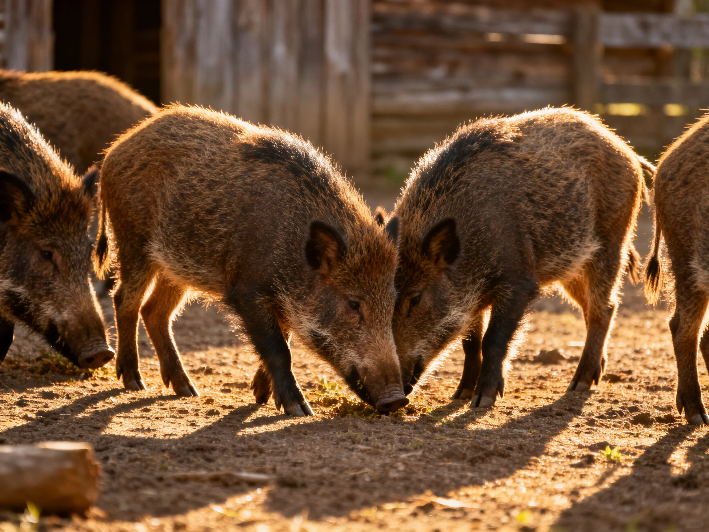 Five brown wild boars gather around food near a wooden structure.
