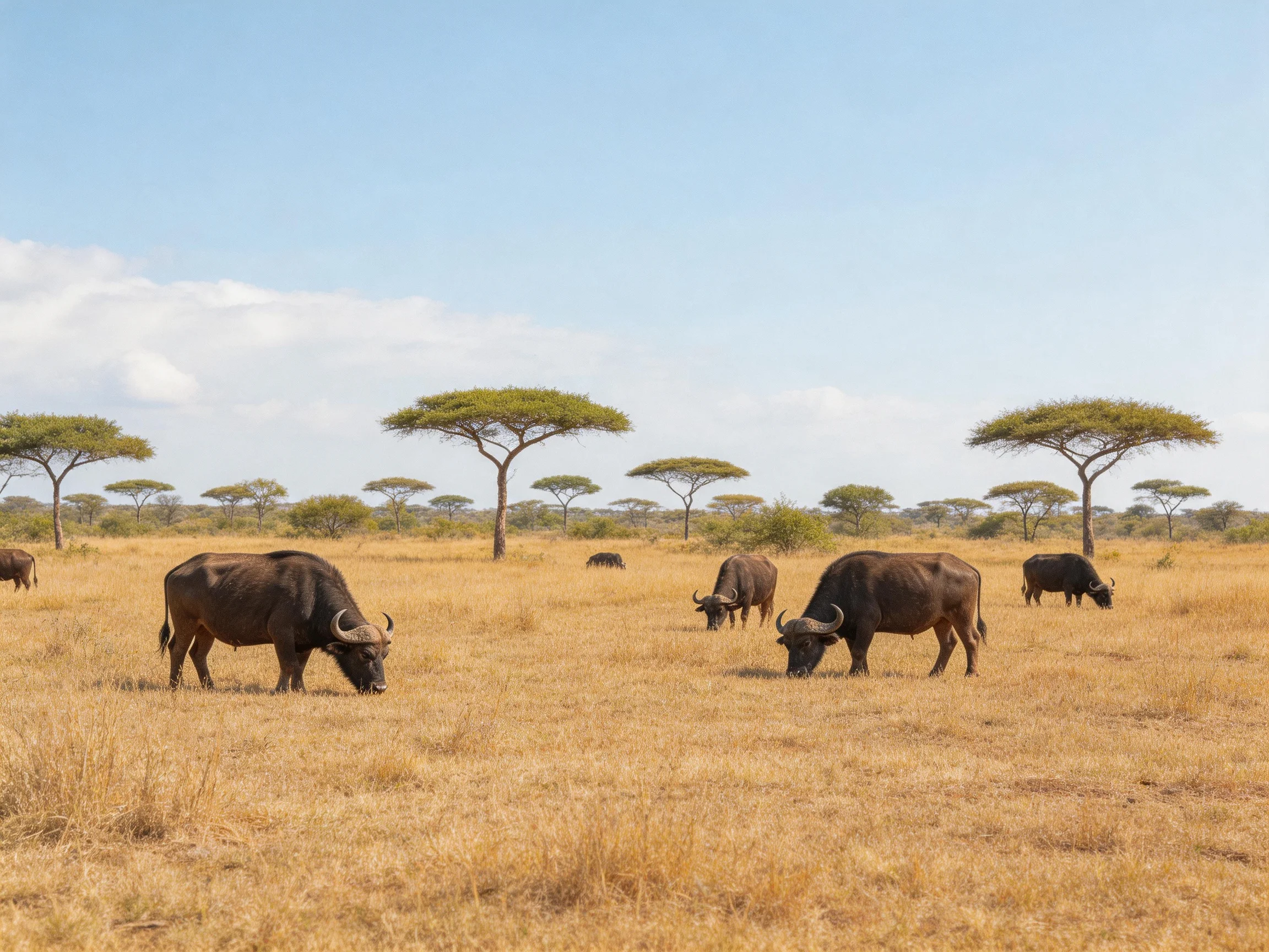 Five dark brown buffalo graze in a golden savannah with green acacia trees