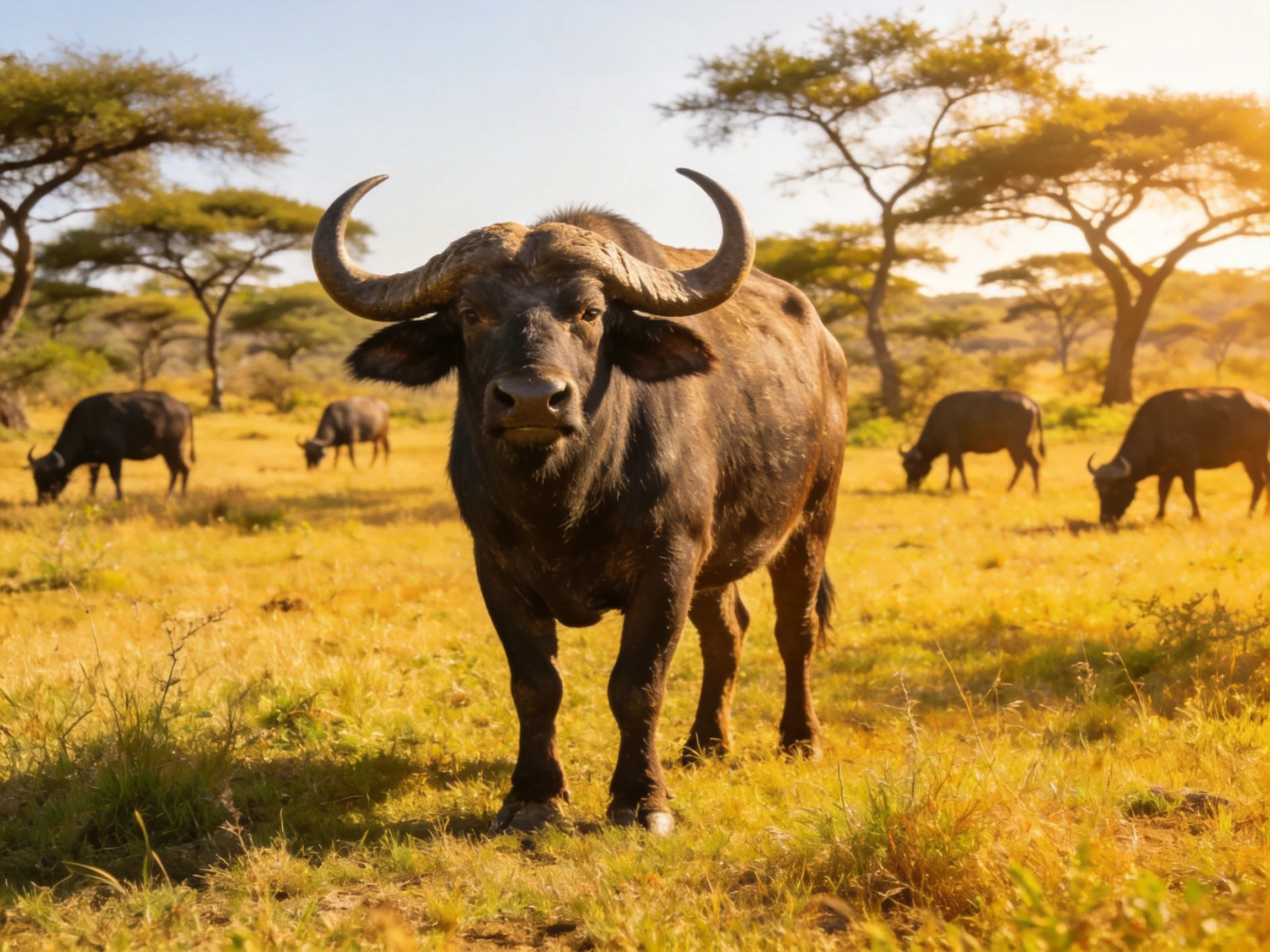 Five dark brown buffaloes graze in a golden savannah with acacia trees