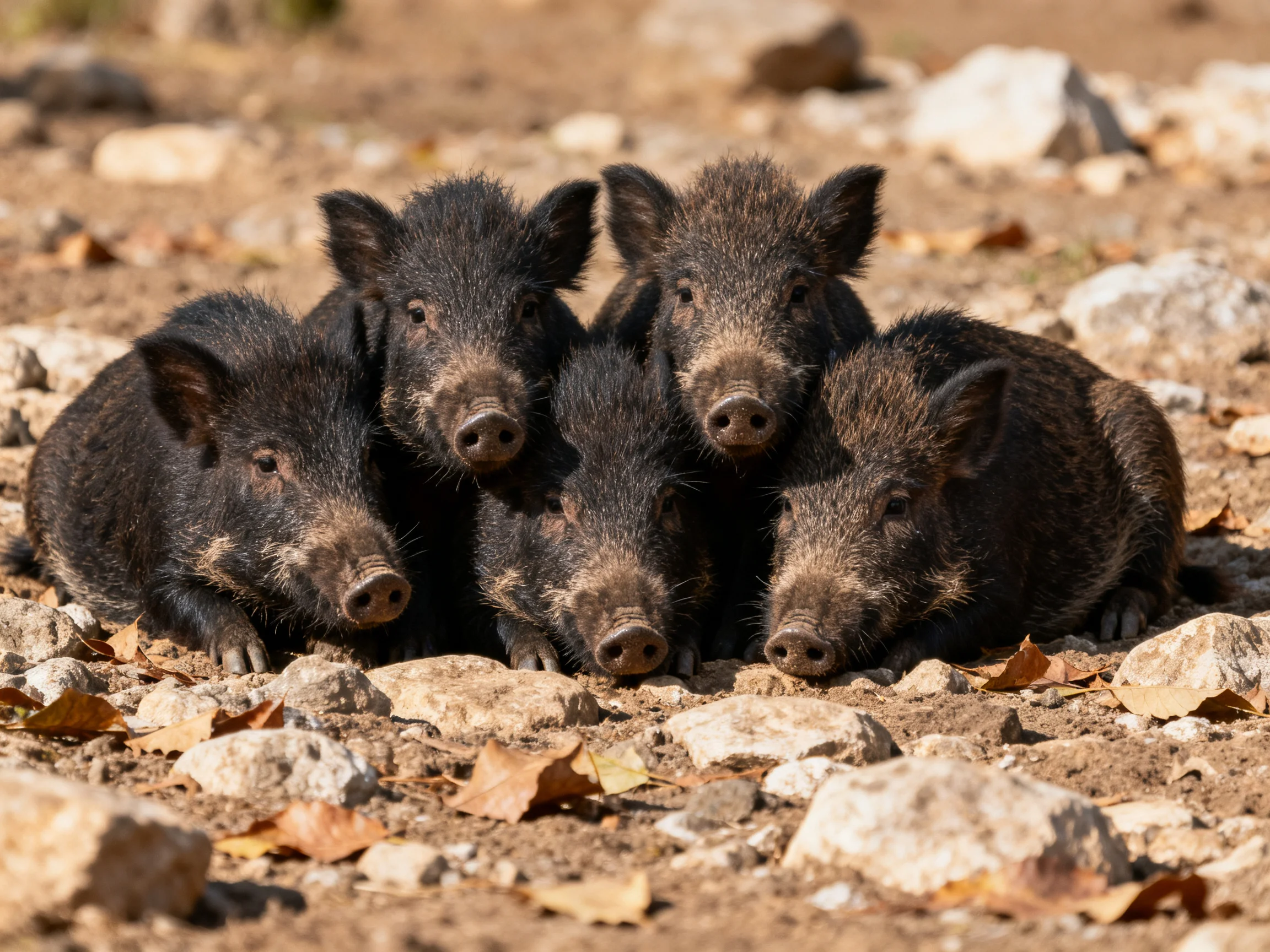 Five young wild boars rest together on rocky terrain.