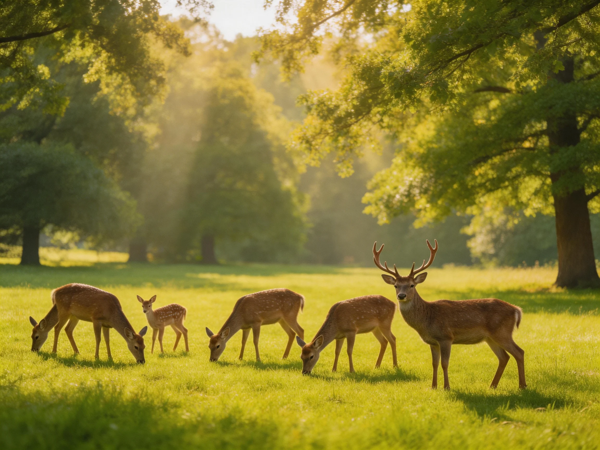 Five deer graze in a sun-dappled green meadow with tall trees