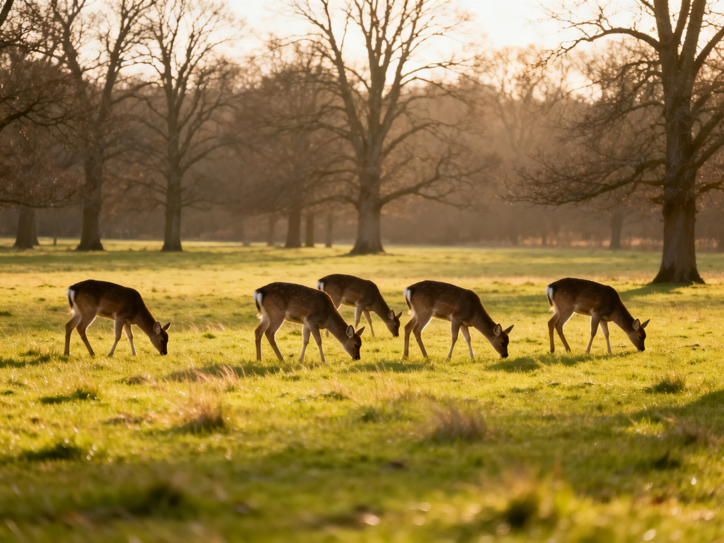 Five deer graze in a sunlit meadow surrounded by trees.