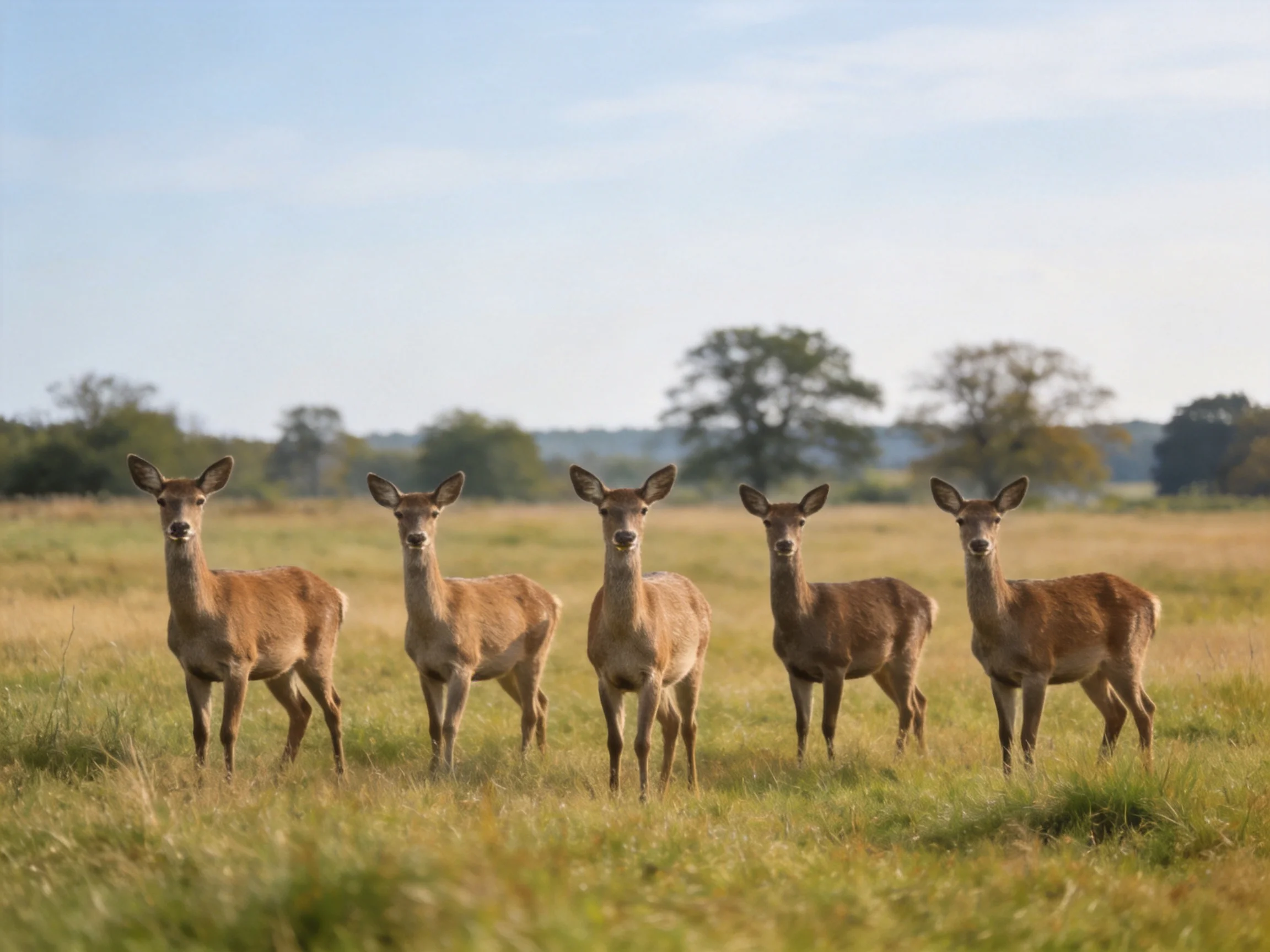 Five deer stand in a sunlit golden meadow with distant trees