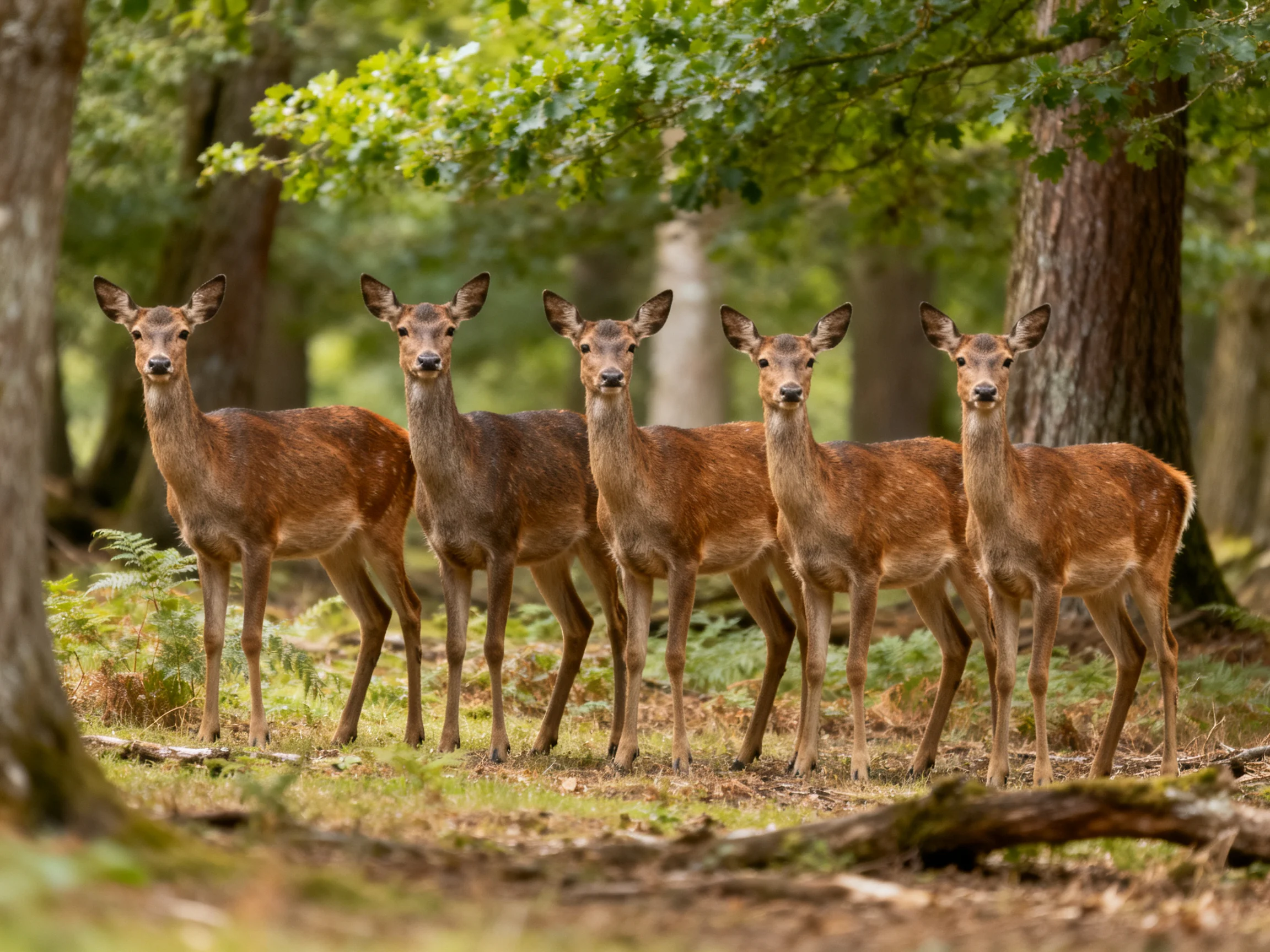 Five deer stand together in a lush green forest clearing