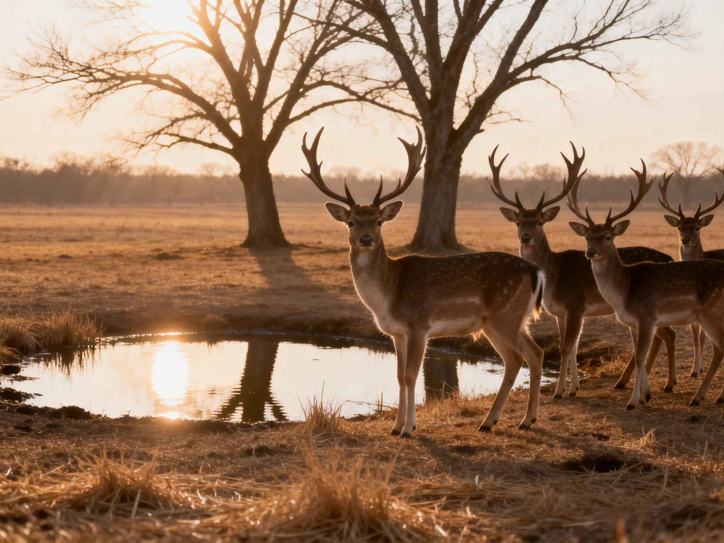 Five deer with antlers near a small pond under golden light