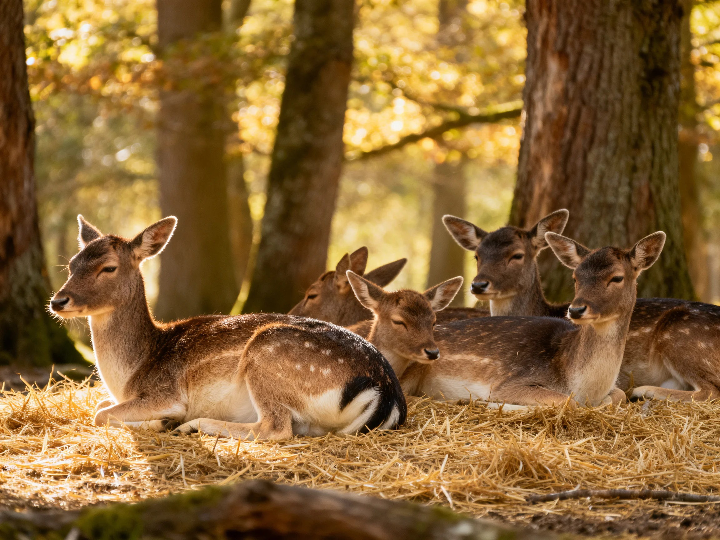 Five deer with brown spots rest on straw in a sunlit forest.