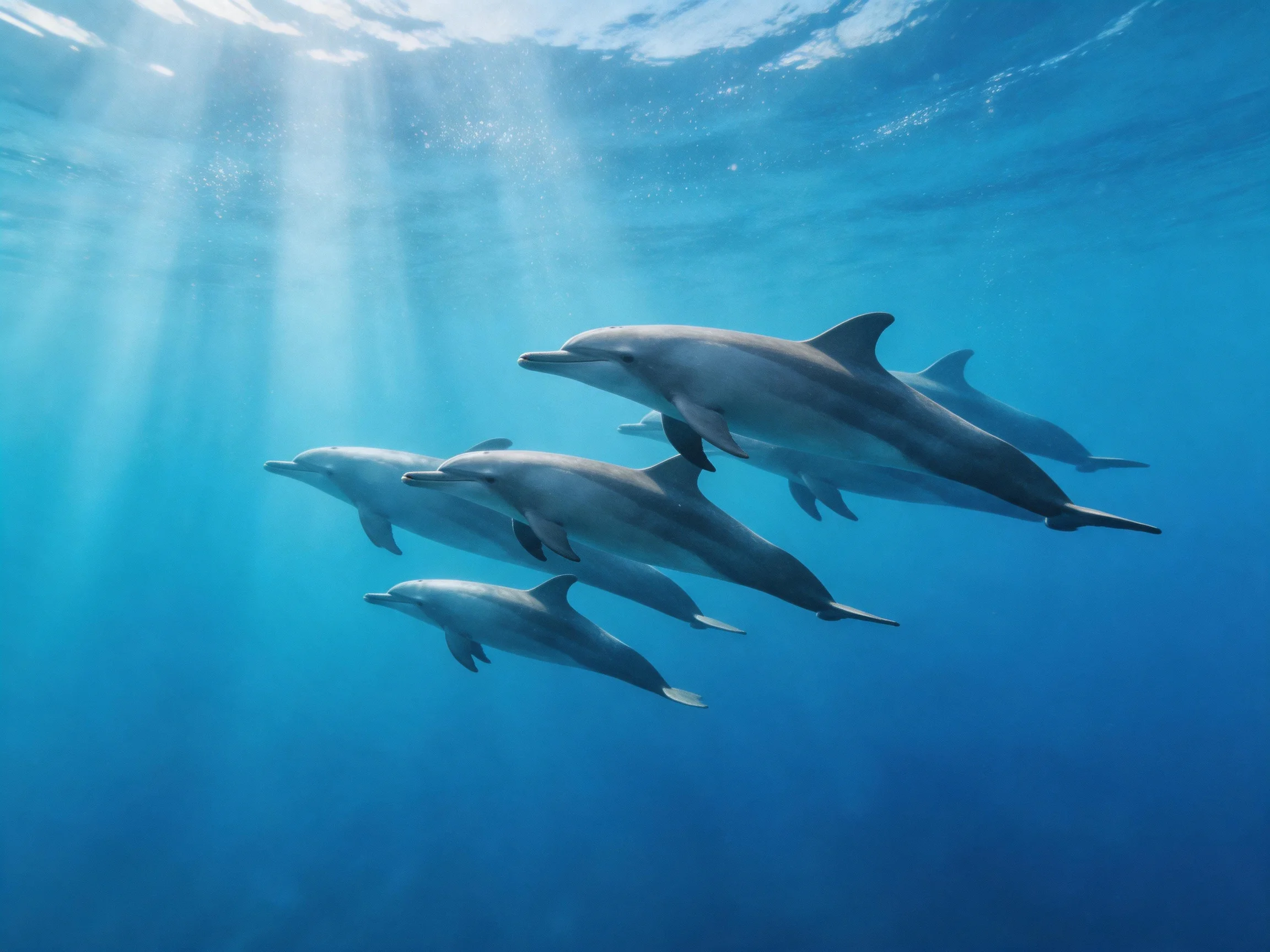 Five dolphins swim in sunlit, deep blue ocean depths