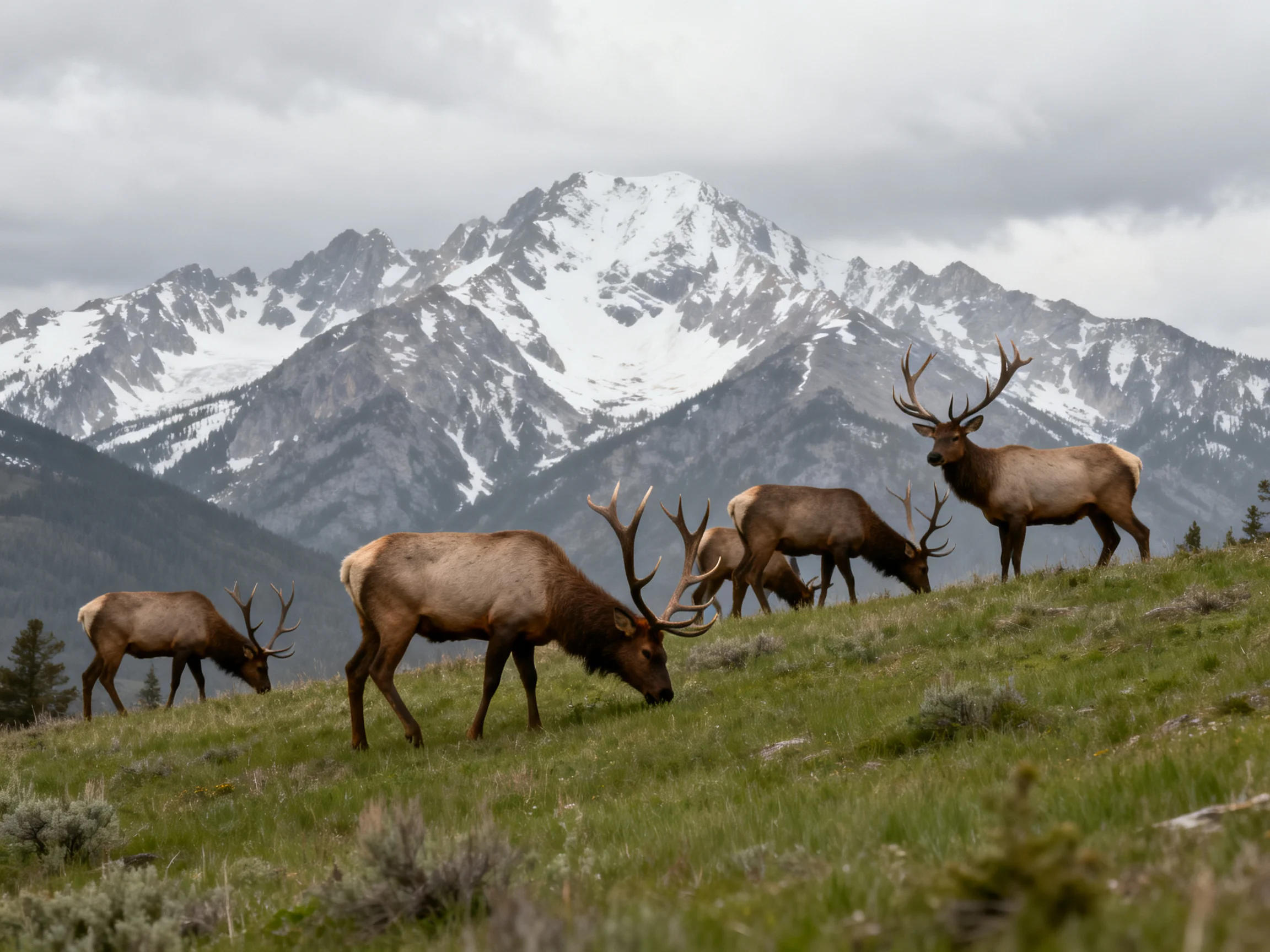 Five elk graze on a lush meadow near snow-capped peaks