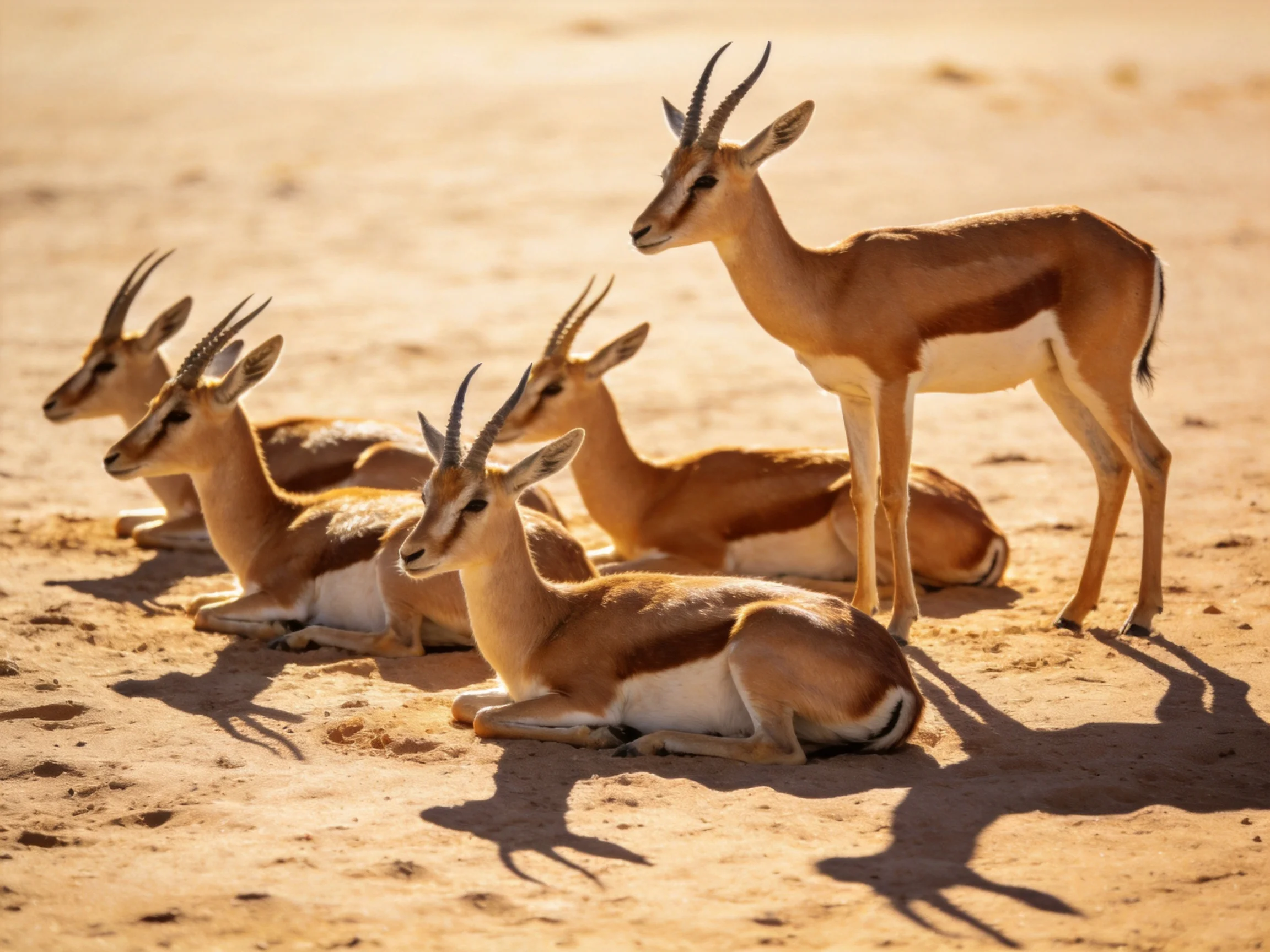 Five gazelles rest and stand on sun-baked sandy terrain with earthy hues