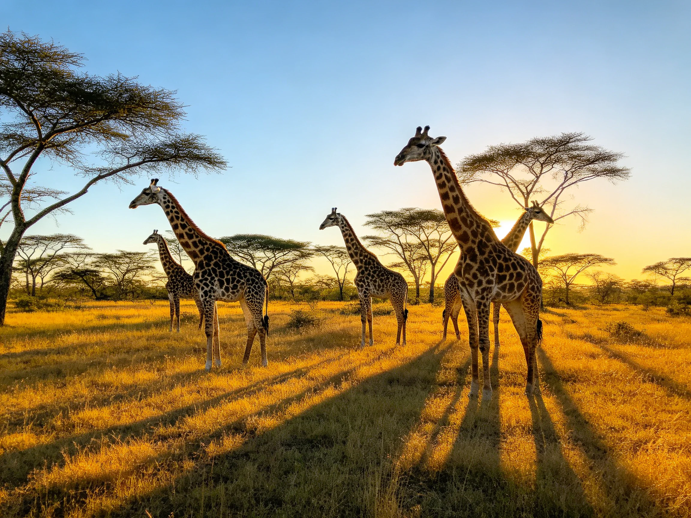 Five giraffes in a golden savannah landscape at sunset