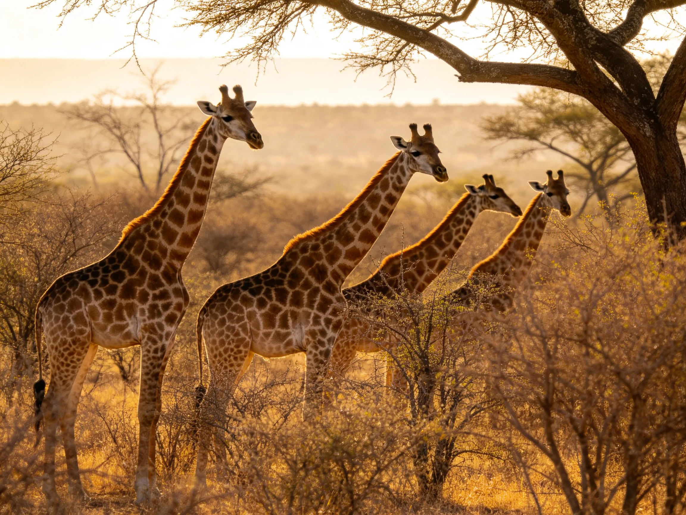 Five giraffes in golden savannah near acacia trees