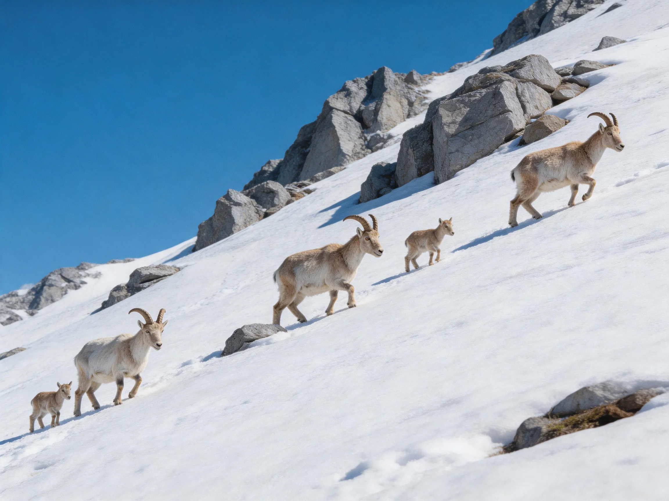 Goats ascend a snowy mountain slope dotted with rocks.