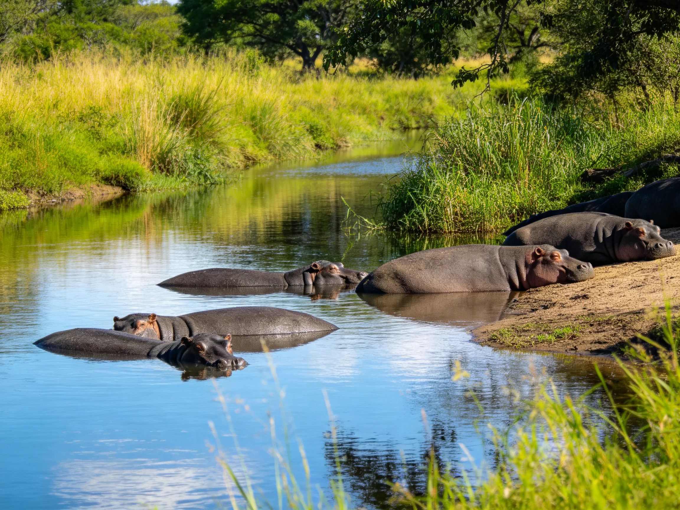 Hippos relax in a calm waterway bordered by lush vegetation.