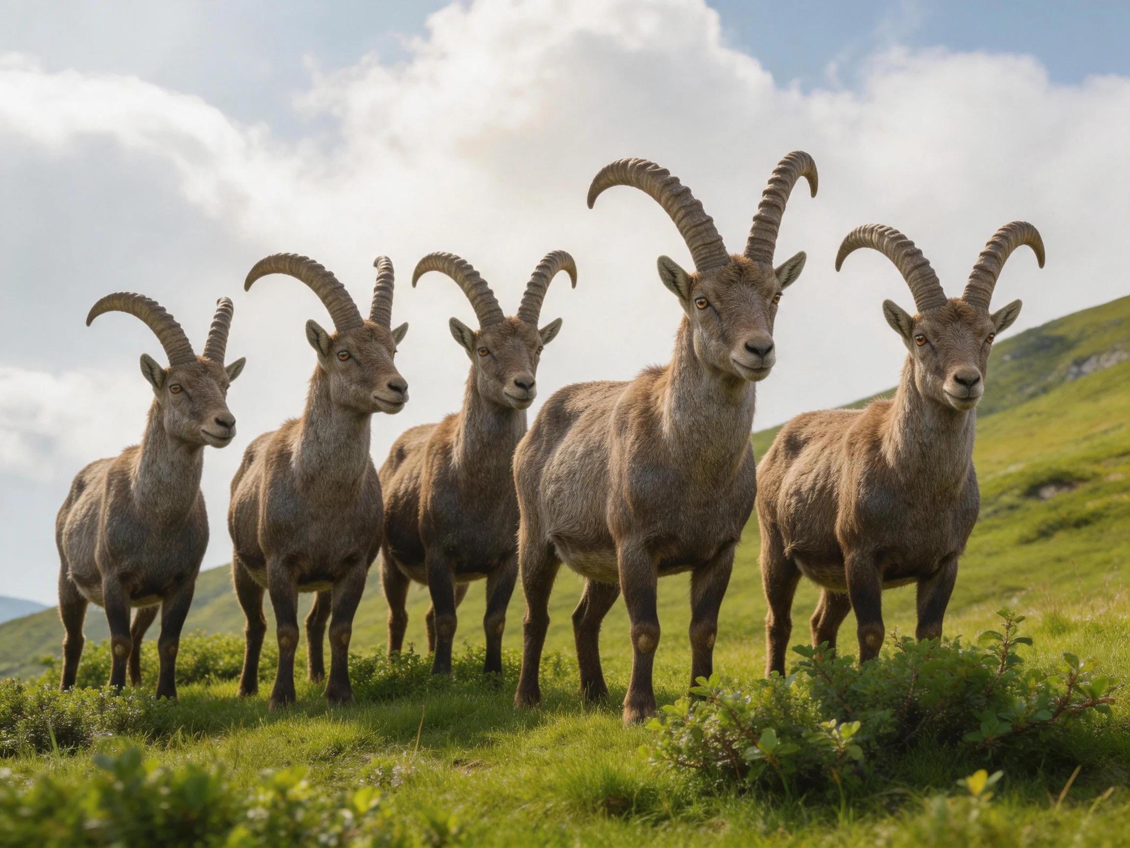 Five horned goats stand on lush green hillside under bright sky