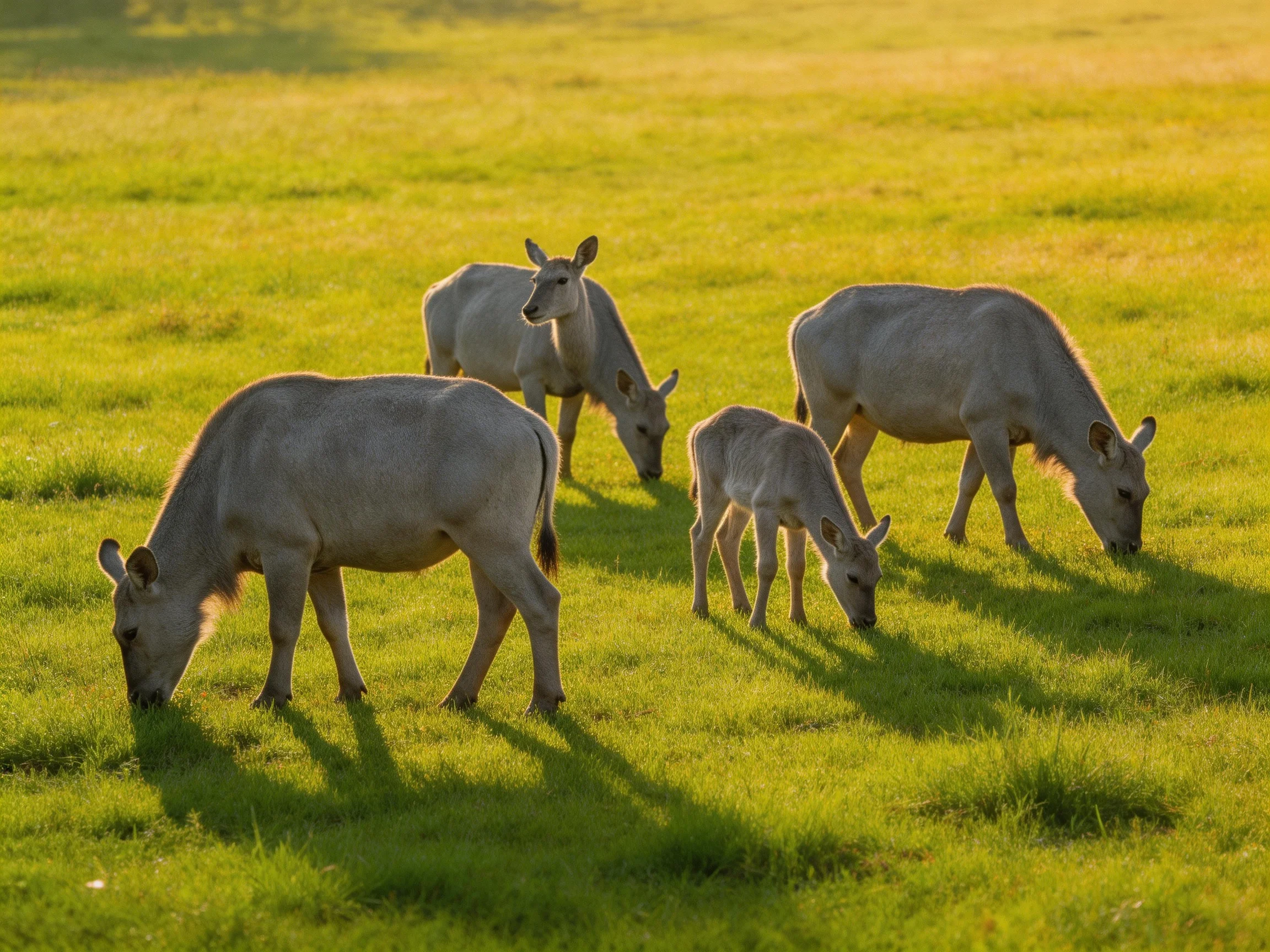 Five light gray animals graze in a sunlit meadow with lush green grass