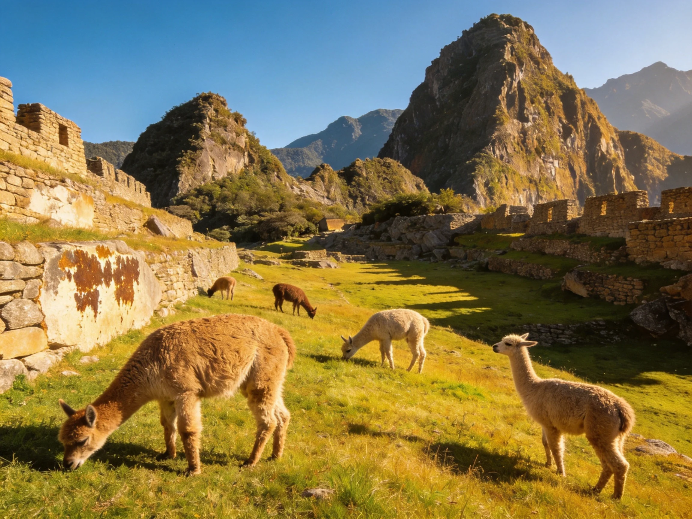 Five llamas graze near ancient stone ruins and mountain peaks