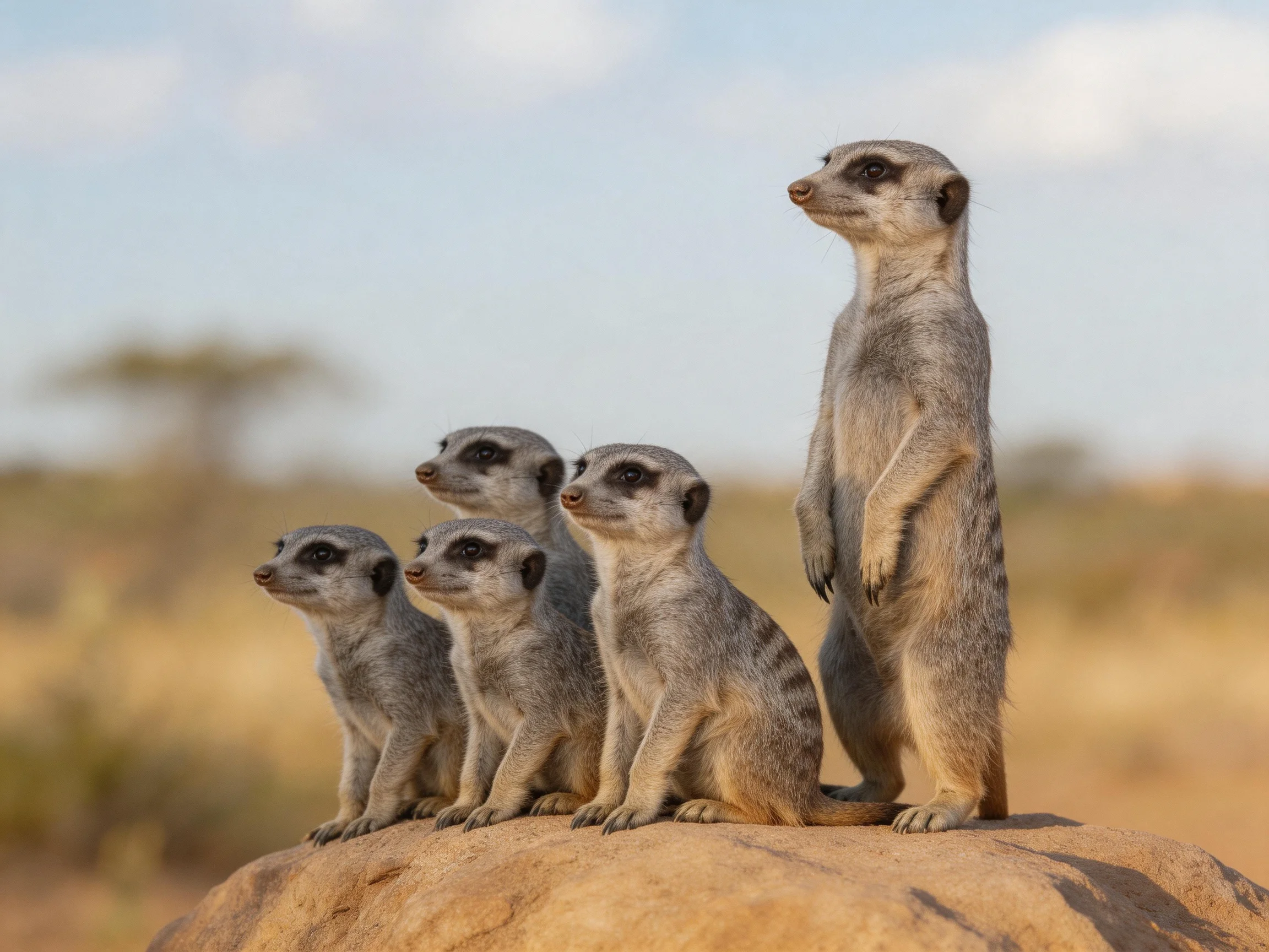 Five meerkats gather on a rocky outcrop in the savannah