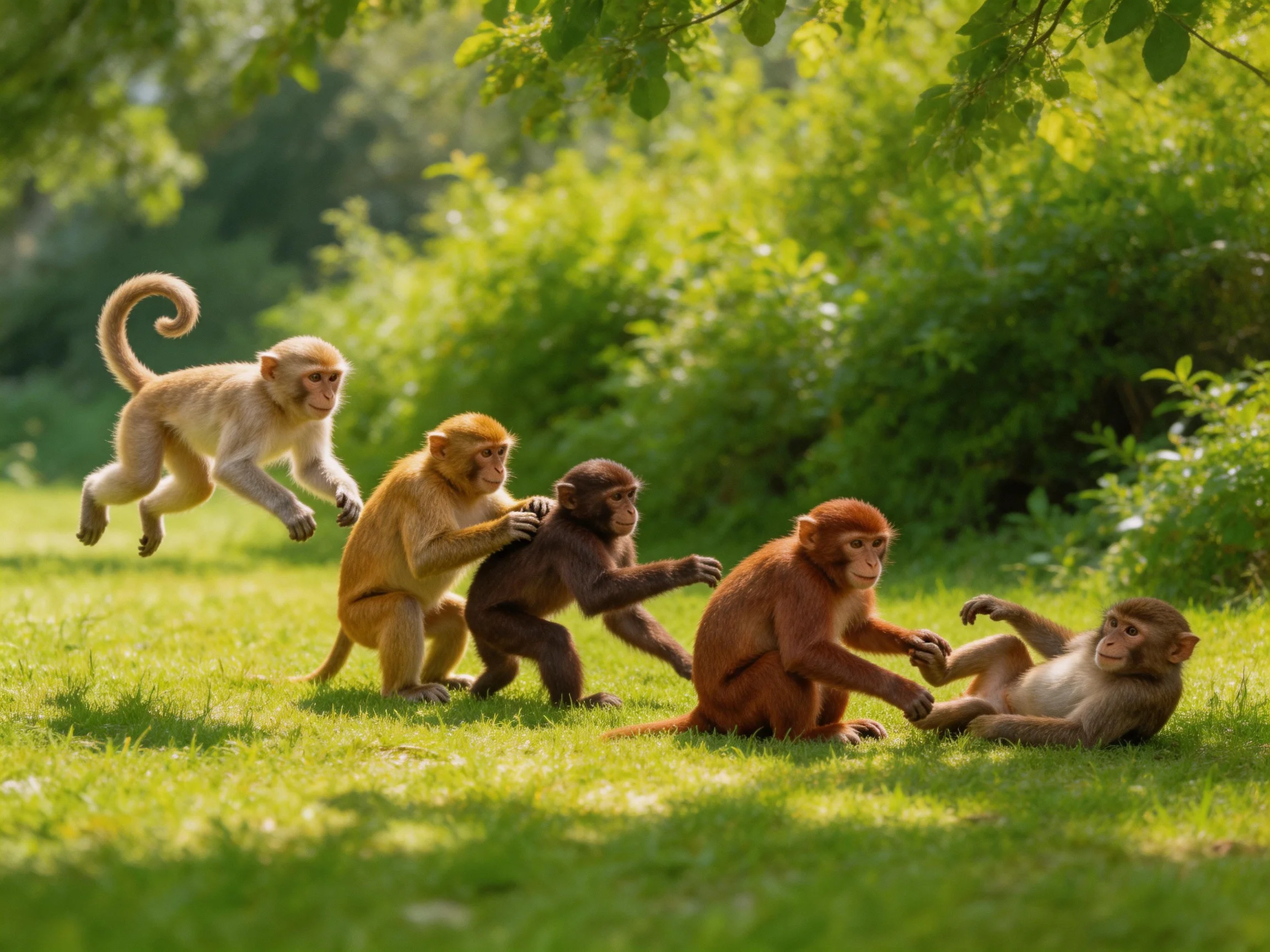Five monkeys of varied browns play on a sunlit meadow